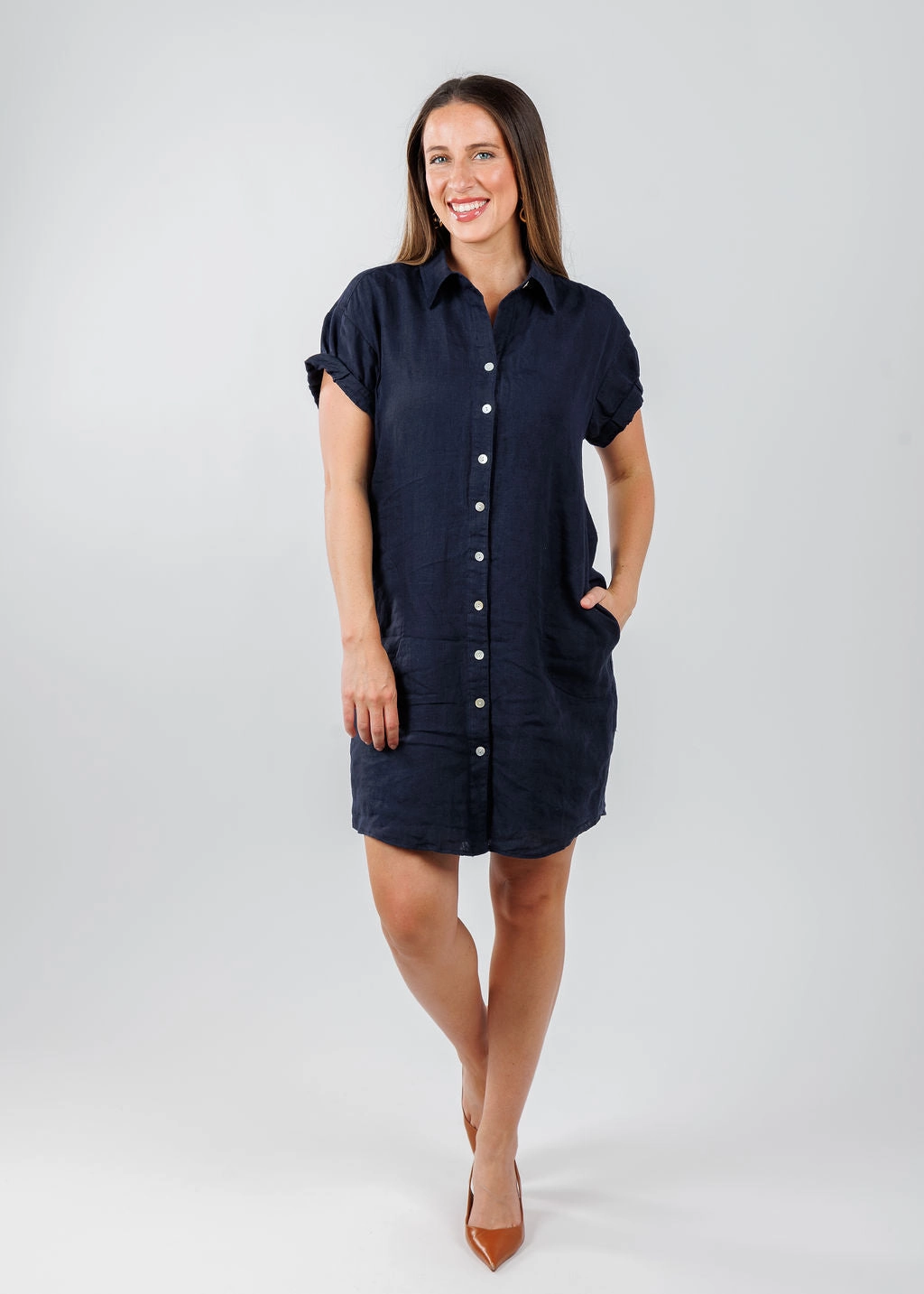 Chic Tailoring Design Roll Sleeve Washed Linen Camp Dress - Navy