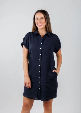 Roll Sleeve Washed Linen Camp Dress - Navy Casual Layers Chic and Cozy
