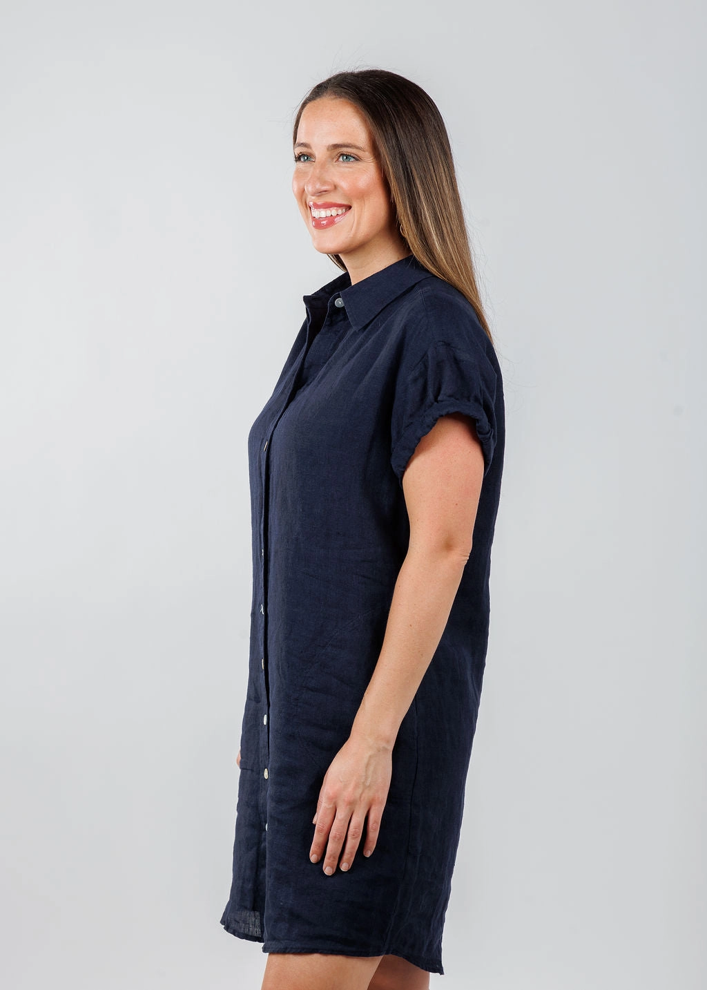 Roll Sleeve Washed Linen Camp Dress - Navy Calm Lines