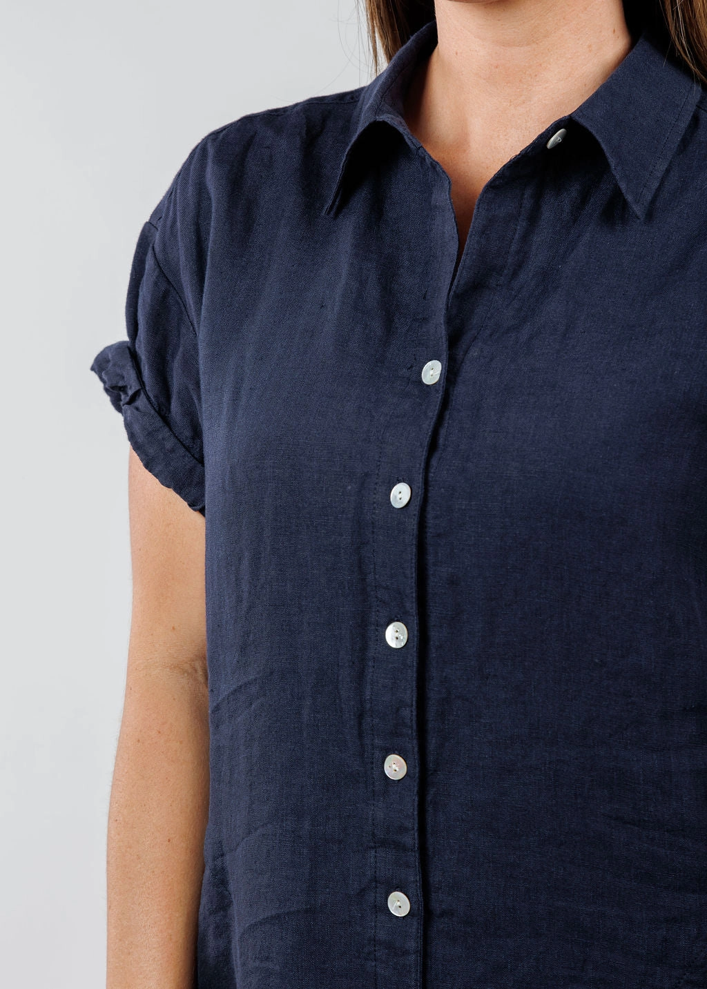 Photo Light Romantic Soft Roll Sleeve Washed Linen Camp Dress - Navy