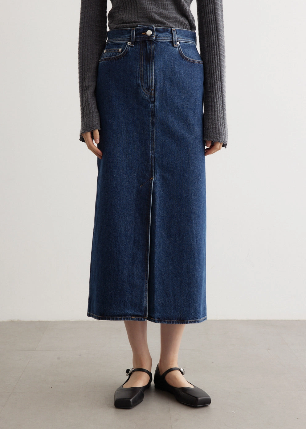 A Line Cut Rona Long Denim Skirt