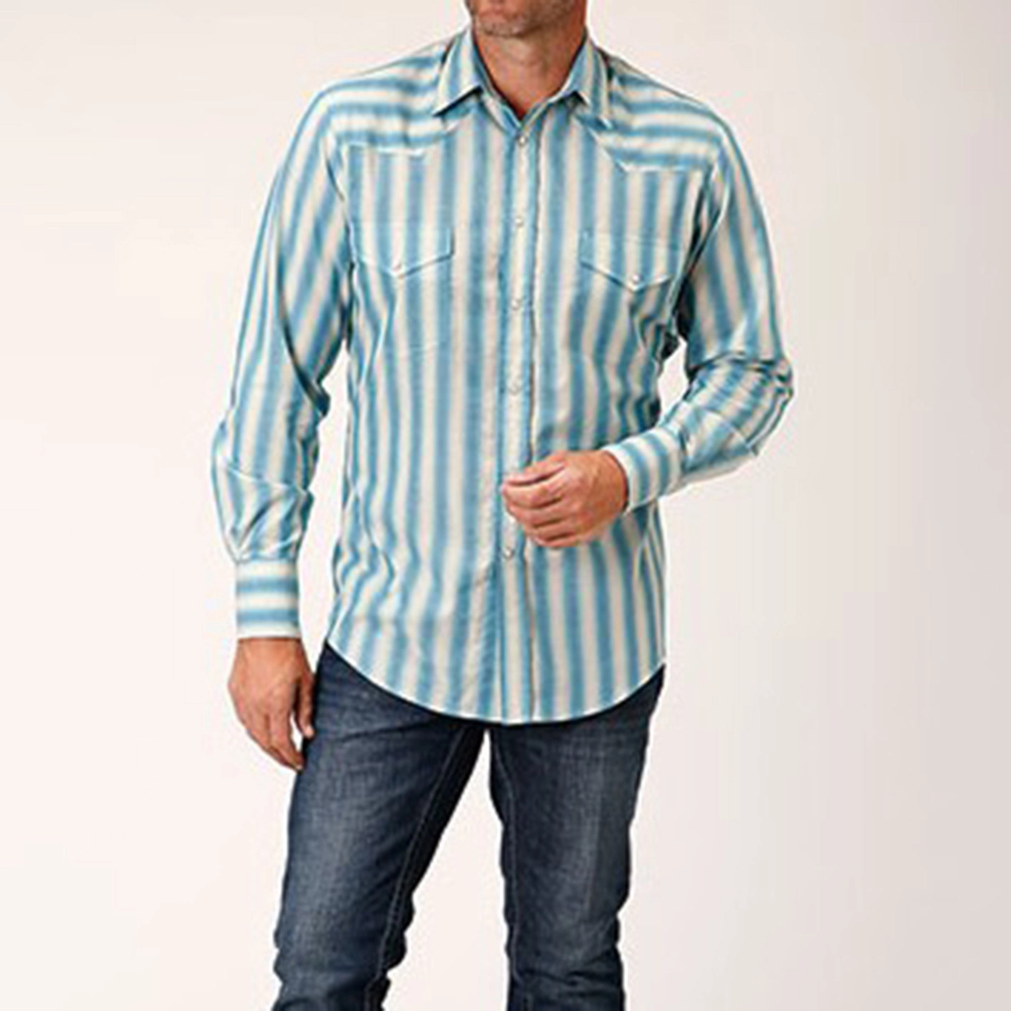 Everyday Comfort Roper Men's Aqua & Cream Striped Shirt