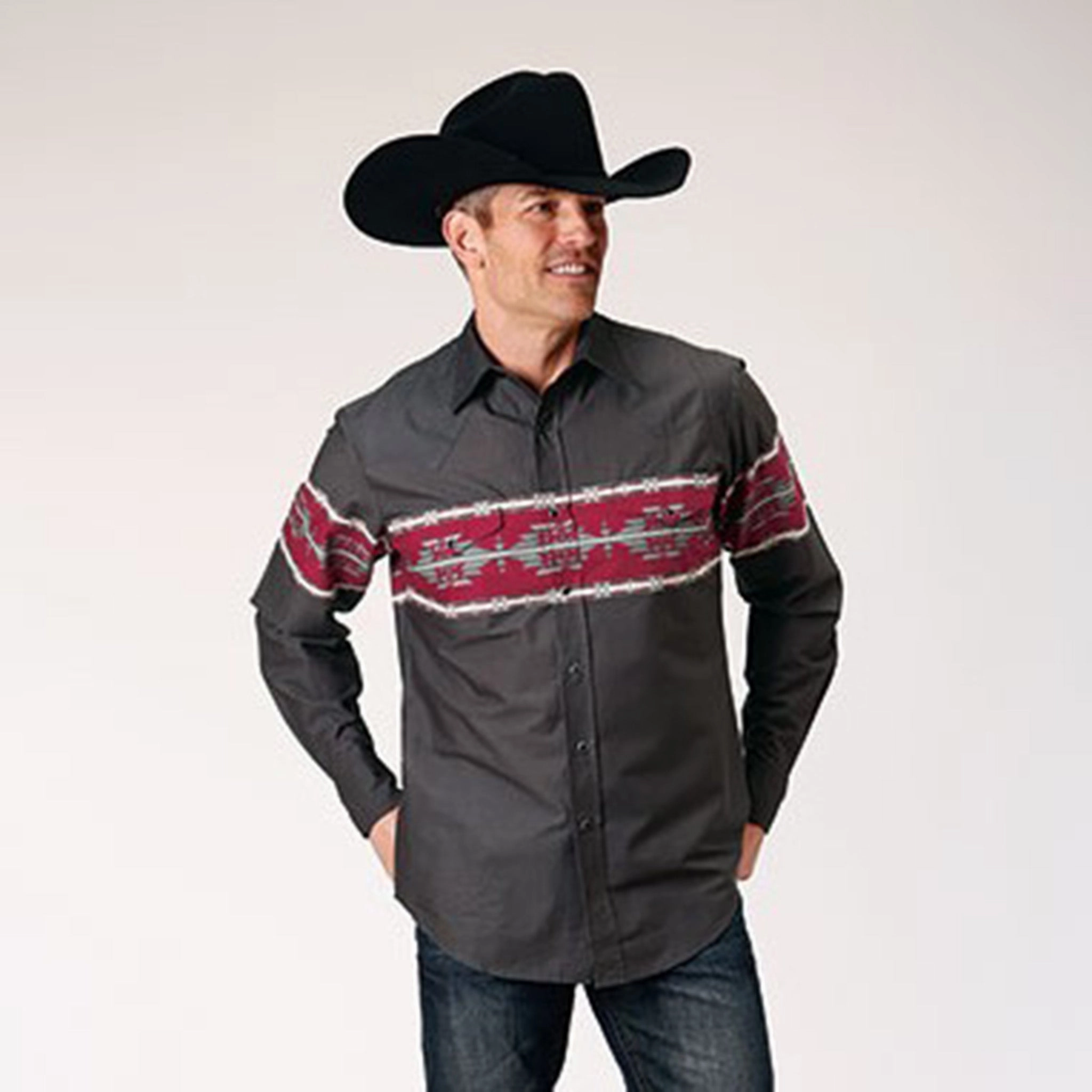Roper Men's Black & Red Aztec Border Shirt High-End Look