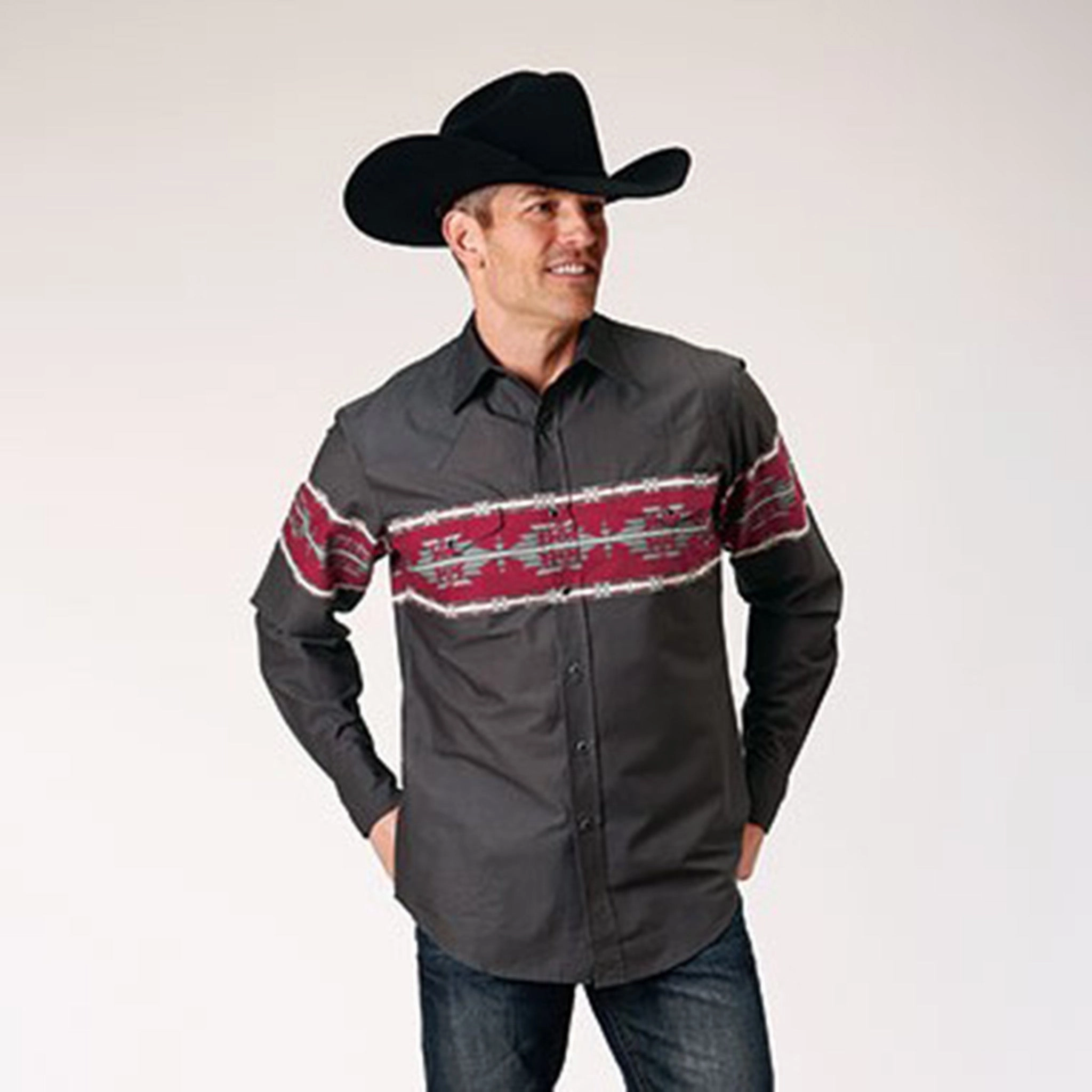 Roper Men's Black & Red Aztec Border Shirt Chilly Weather Wear