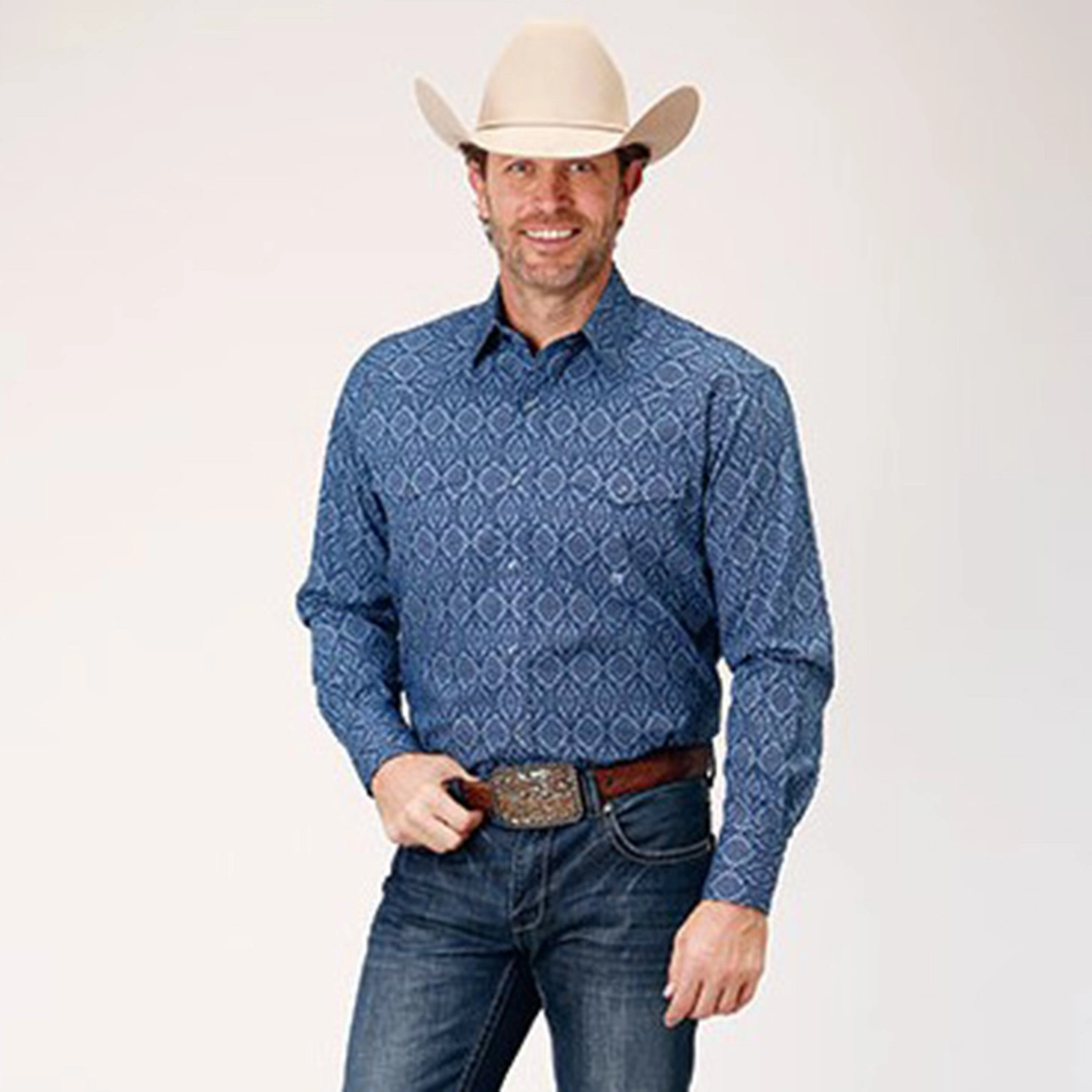 Roper Men's Blue Geo Print Shirt City Exploration Easy Fit