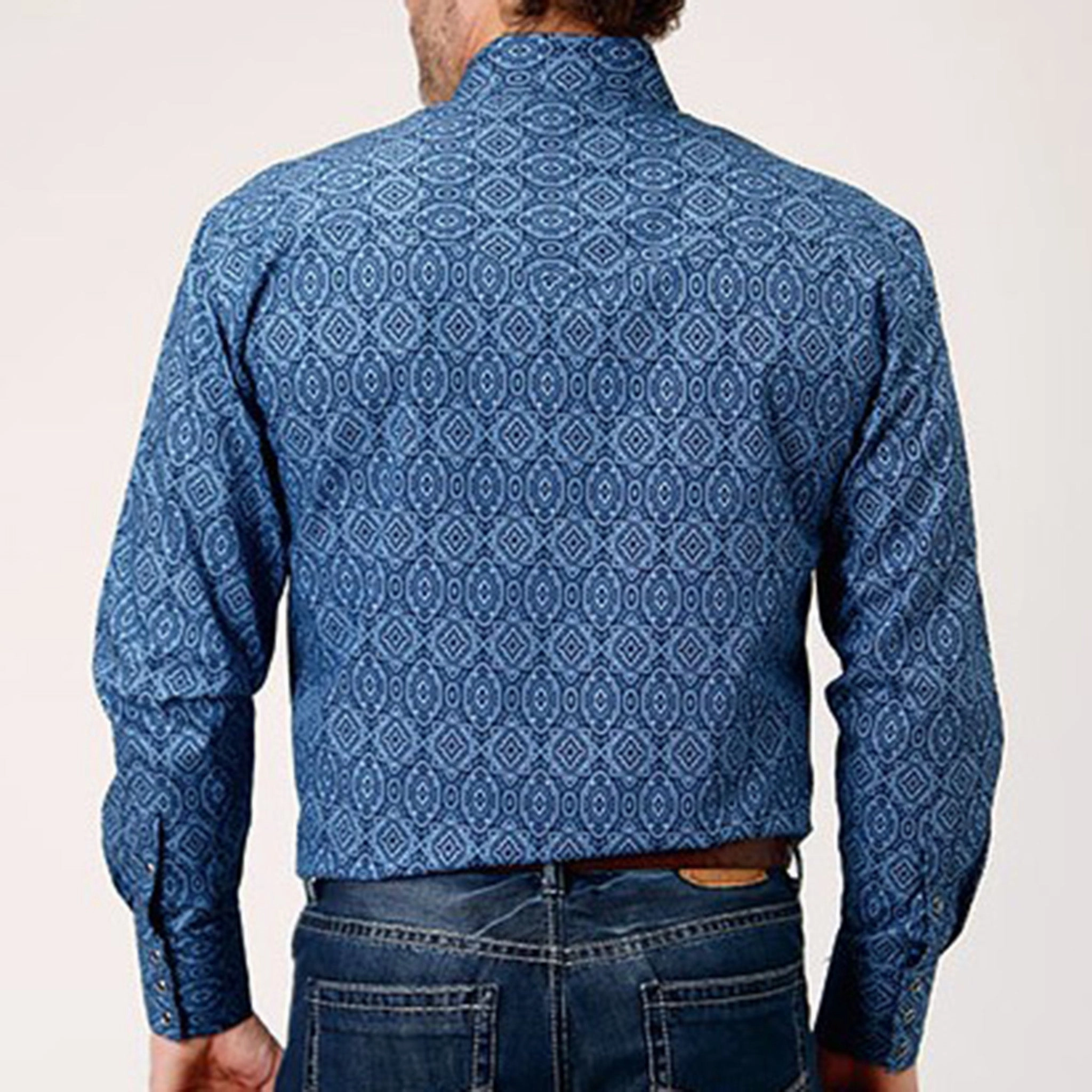 Perfect Wear Military Inspired Roper Men's Blue Geo Print Shirt