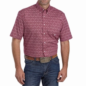 Roper Men's Geo Print Red Short Sleeve Micro Perforated Texture Multi Pocket Design