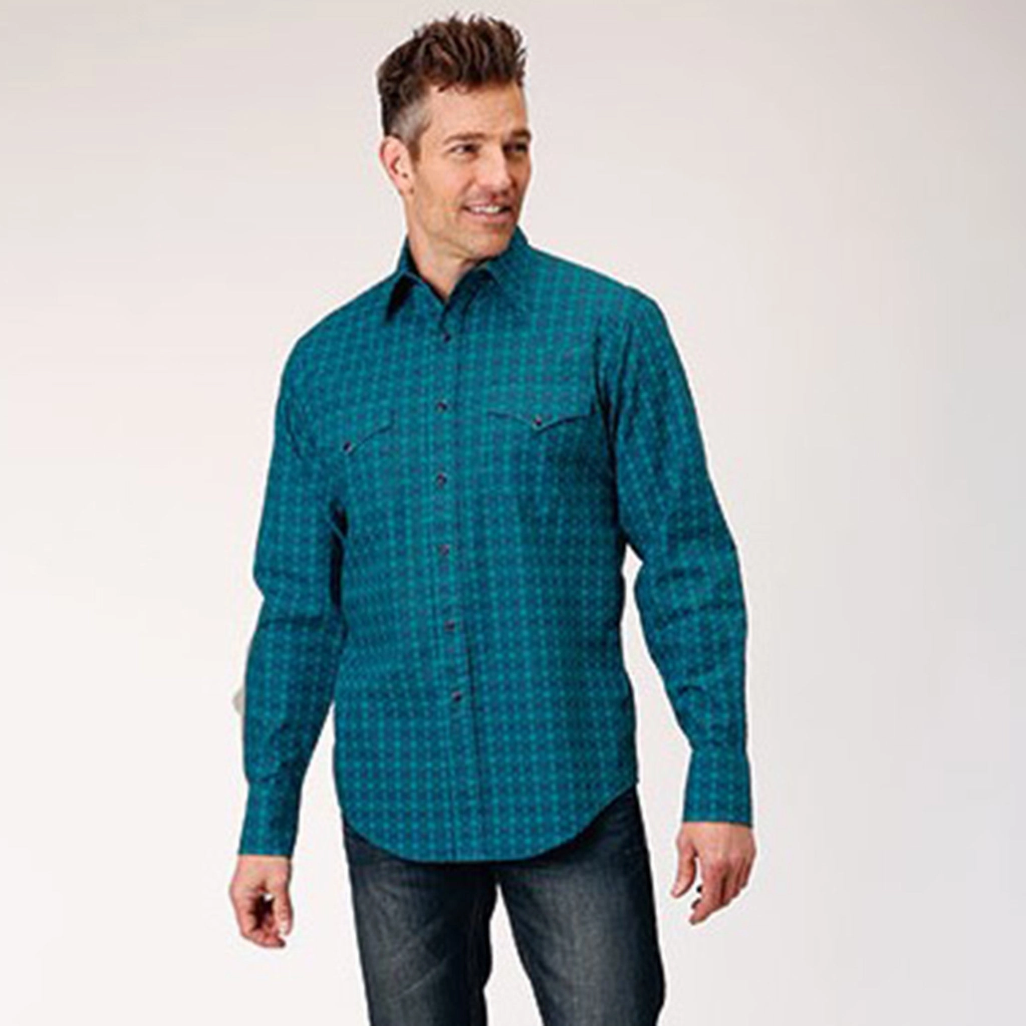 Roper Men's Green & Teal Tile Print Shirt Checkered Style Flex Fit Collar