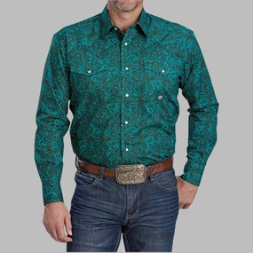 Roper Men's Green Paisley Long Sleeve Anti Odor Treatment