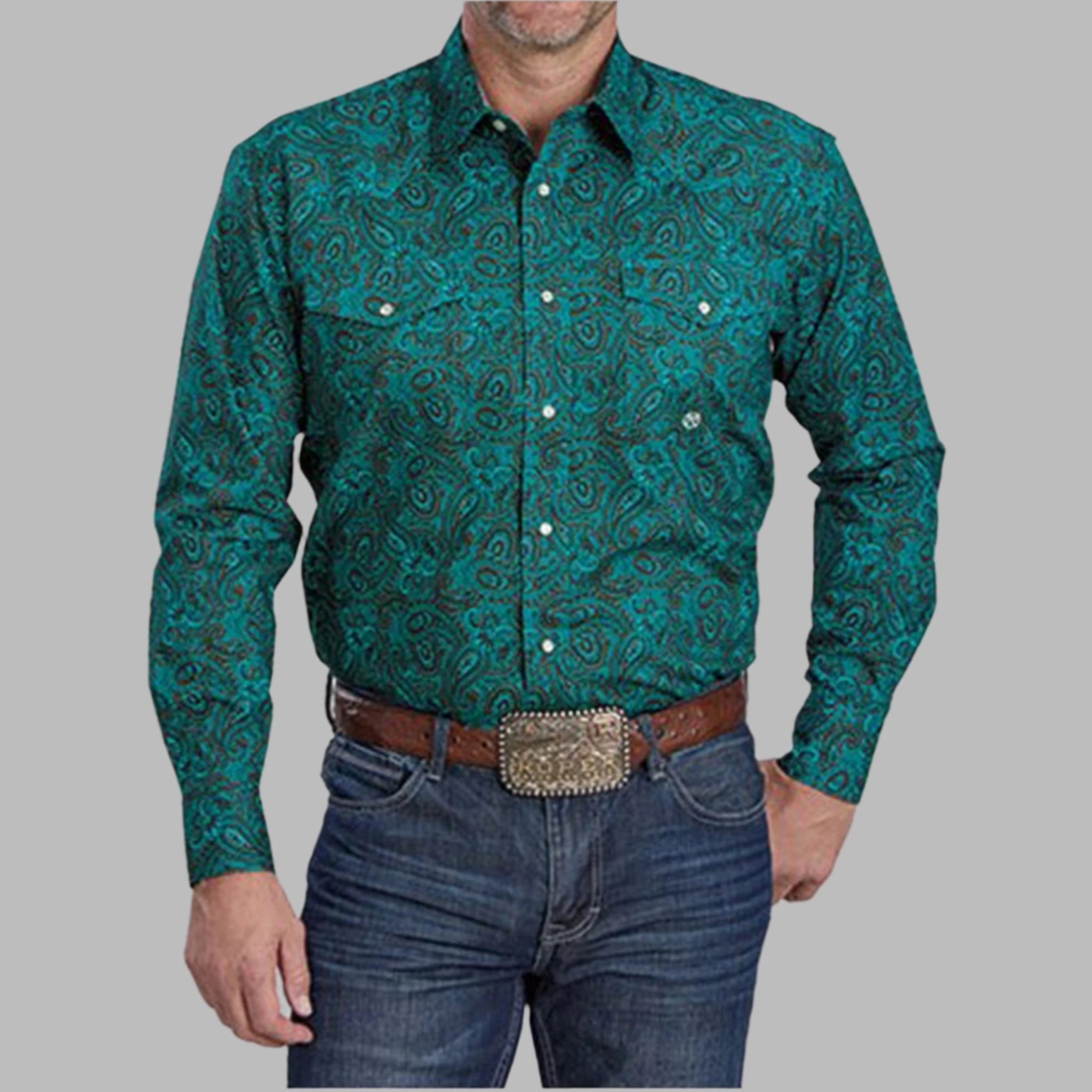 Comfortable Design Athletic Cut Roper Men's Green Paisley Long Sleeve