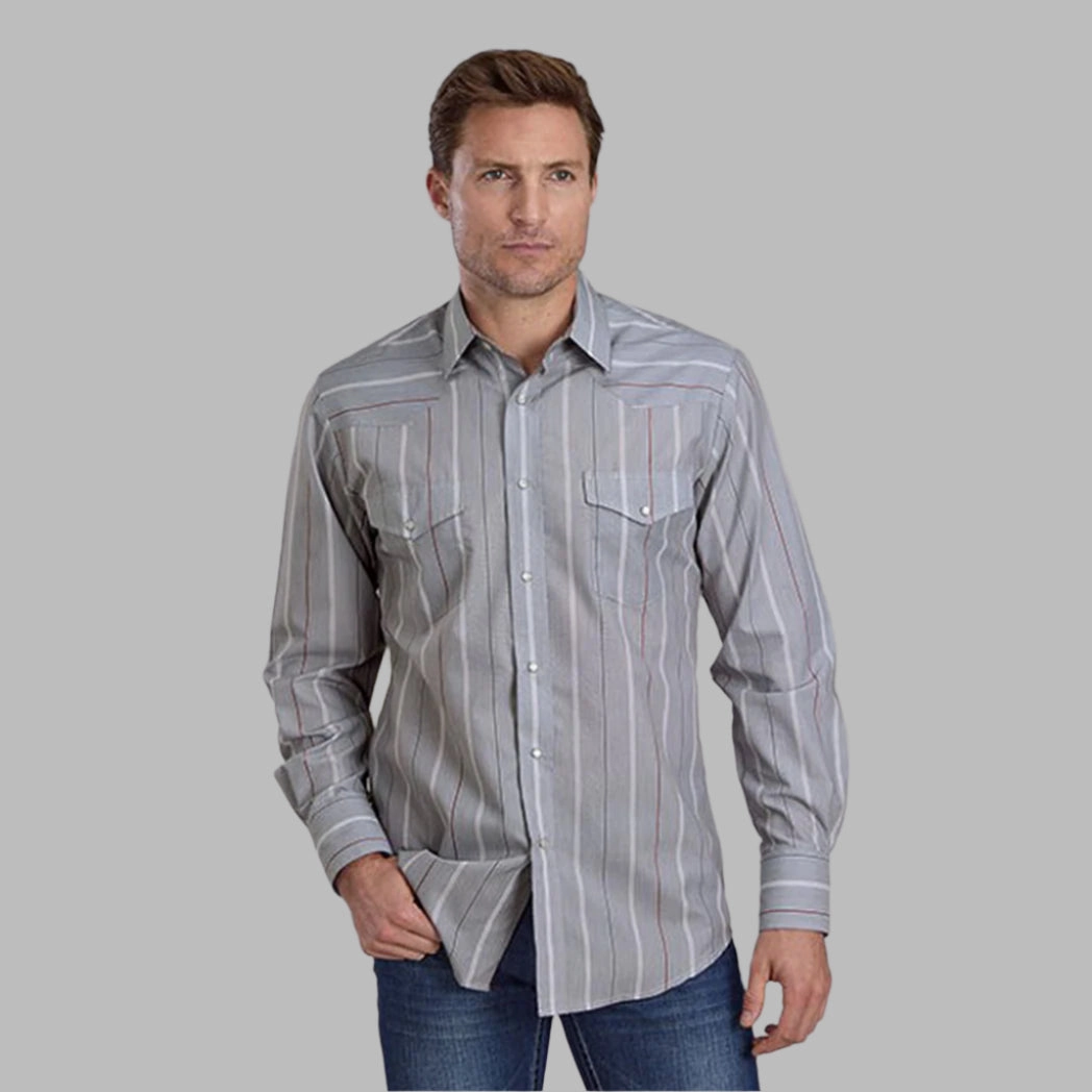 Easy Care Material Versatile Styling Roper Men's Grey & Red Stripe Long Sleeve