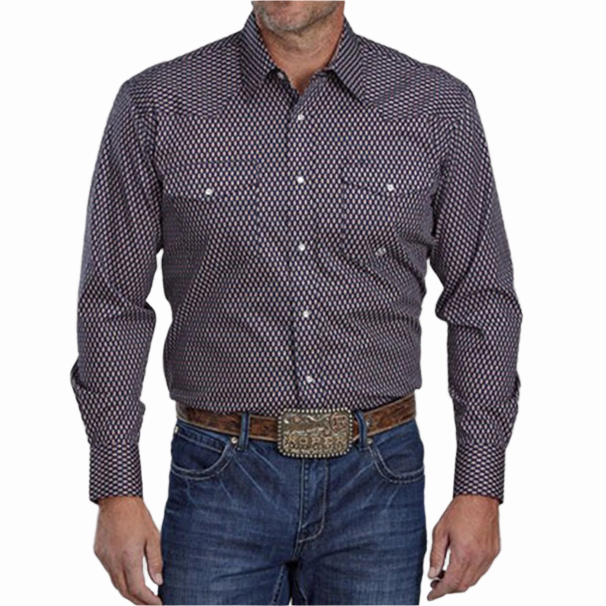 Sleek Silhouette BBQ Party Roper Men's Navy & Orange Diamond Eye Geo Print Shirt