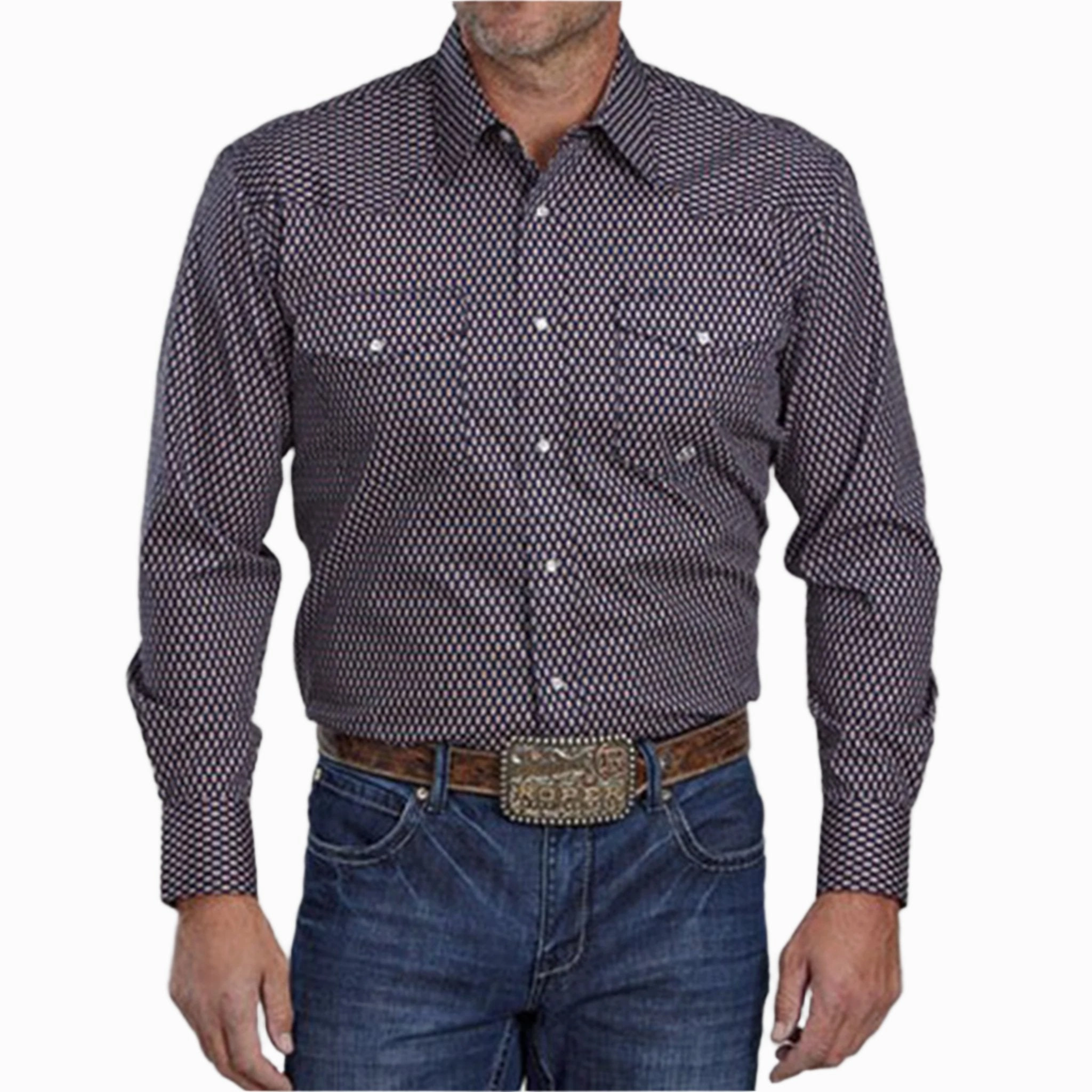 Roper Men's Navy & Orange Diamond Eye Geo Print Shirt Special Occasion Effortless Style