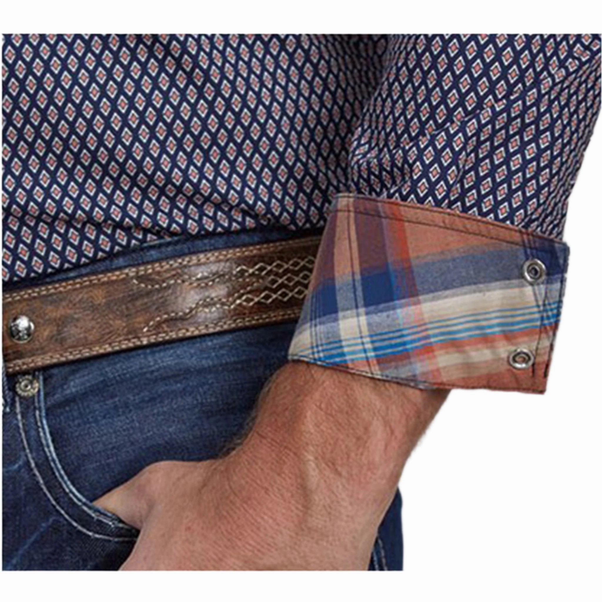 Roper Men's Navy & Orange Diamond Eye Geo Print Shirt Moisture Wicking Material Functional Comfort