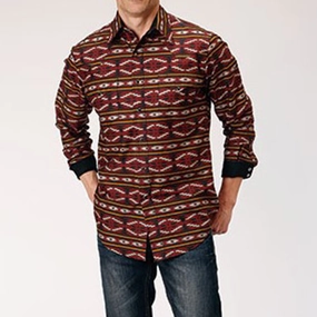 Shimmer Effect Unstructured Shoulder Roper Men's Red Aztec Print Shirt
