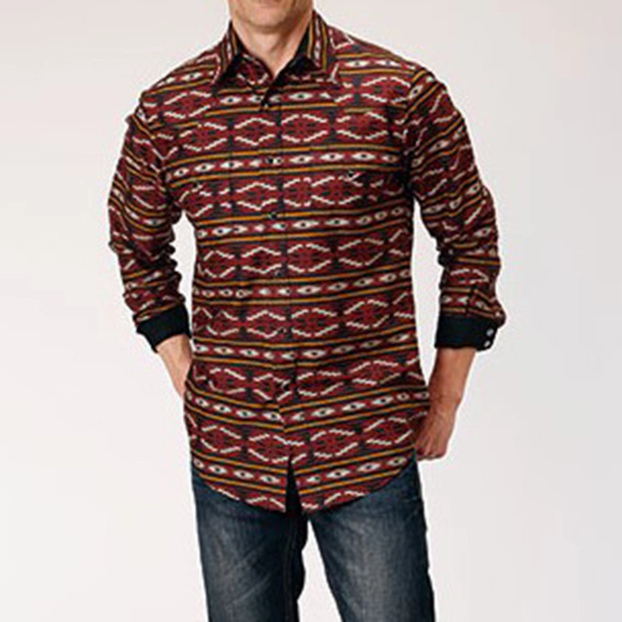 Shimmer Effect Unstructured Shoulder Roper Men's Red Aztec Print Shirt