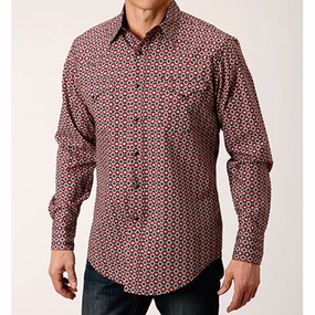 Patterned Texture Waffle Weave Roper Men's Red Diamond Print Shirt
