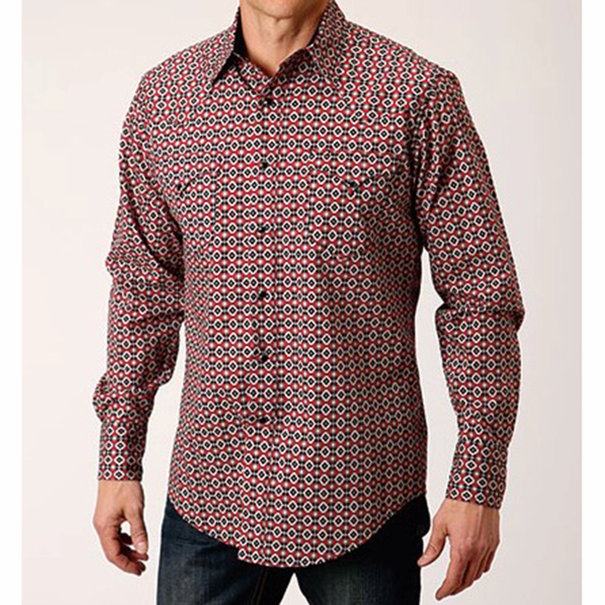 Patterned Texture Waffle Weave Roper Men's Red Diamond Print Shirt