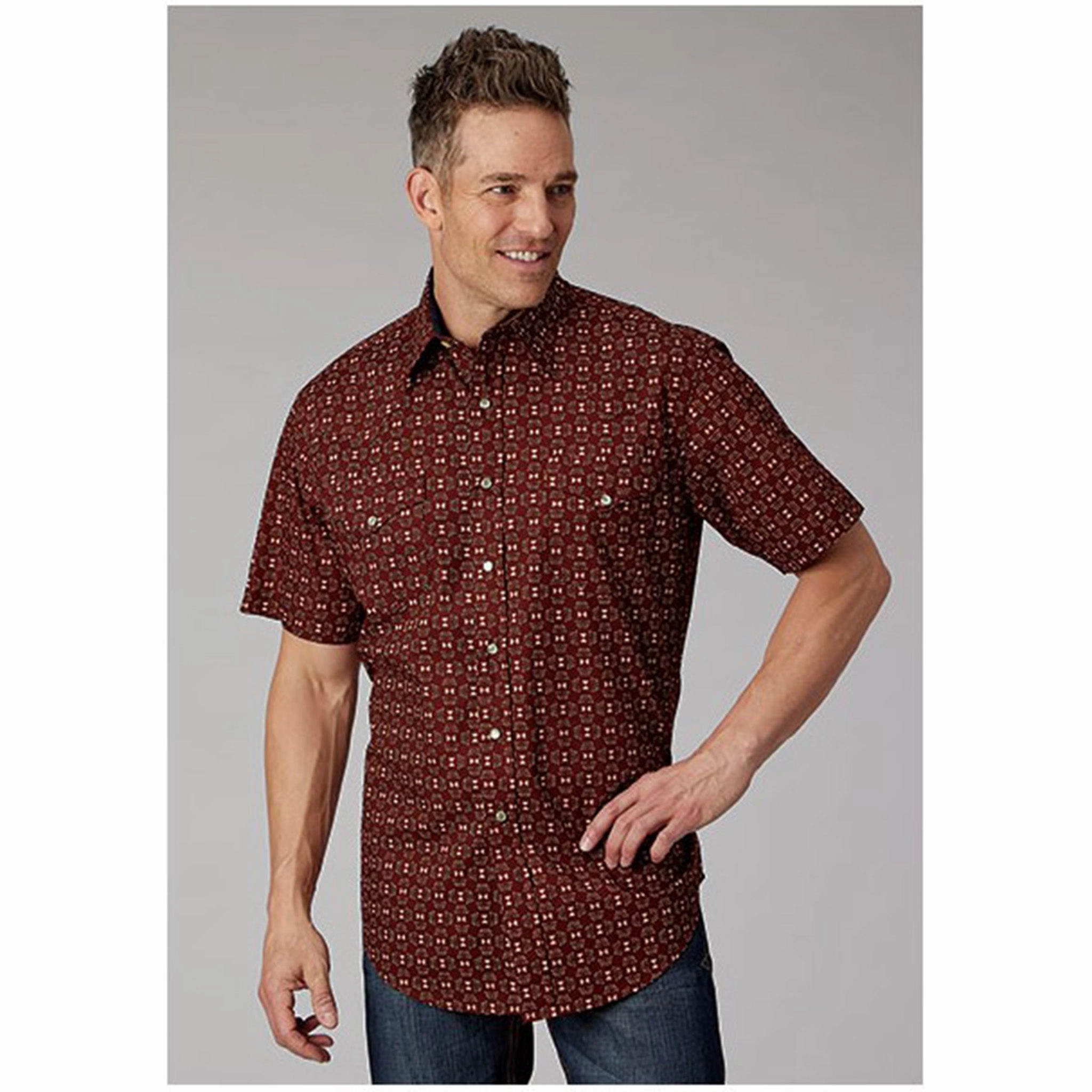 Roper Men's Red Geo Print Short Sleeve Soft Feel Reinforced Side Vents