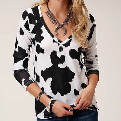 Roper Women's Black and White Cow Print Sweater Ventilated Panel Design
