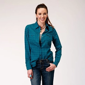 Roper Women's Horizontal Tile Print Shirt Variable Tension Adjustment Reinforced Hems