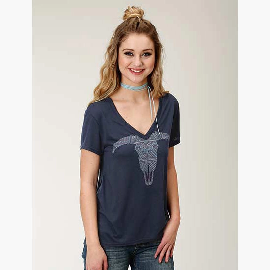 Wrinkle Resistant Finish Roper Women's Navy Aztec Steer Head Tee