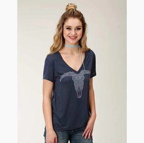 Wrinkle Resistant Finish Roper Women's Navy Aztec Steer Head Tee