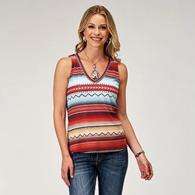 Roper Women's Red Multi?CStripe Aztec Tank CroppedLength Double Stitched Hem