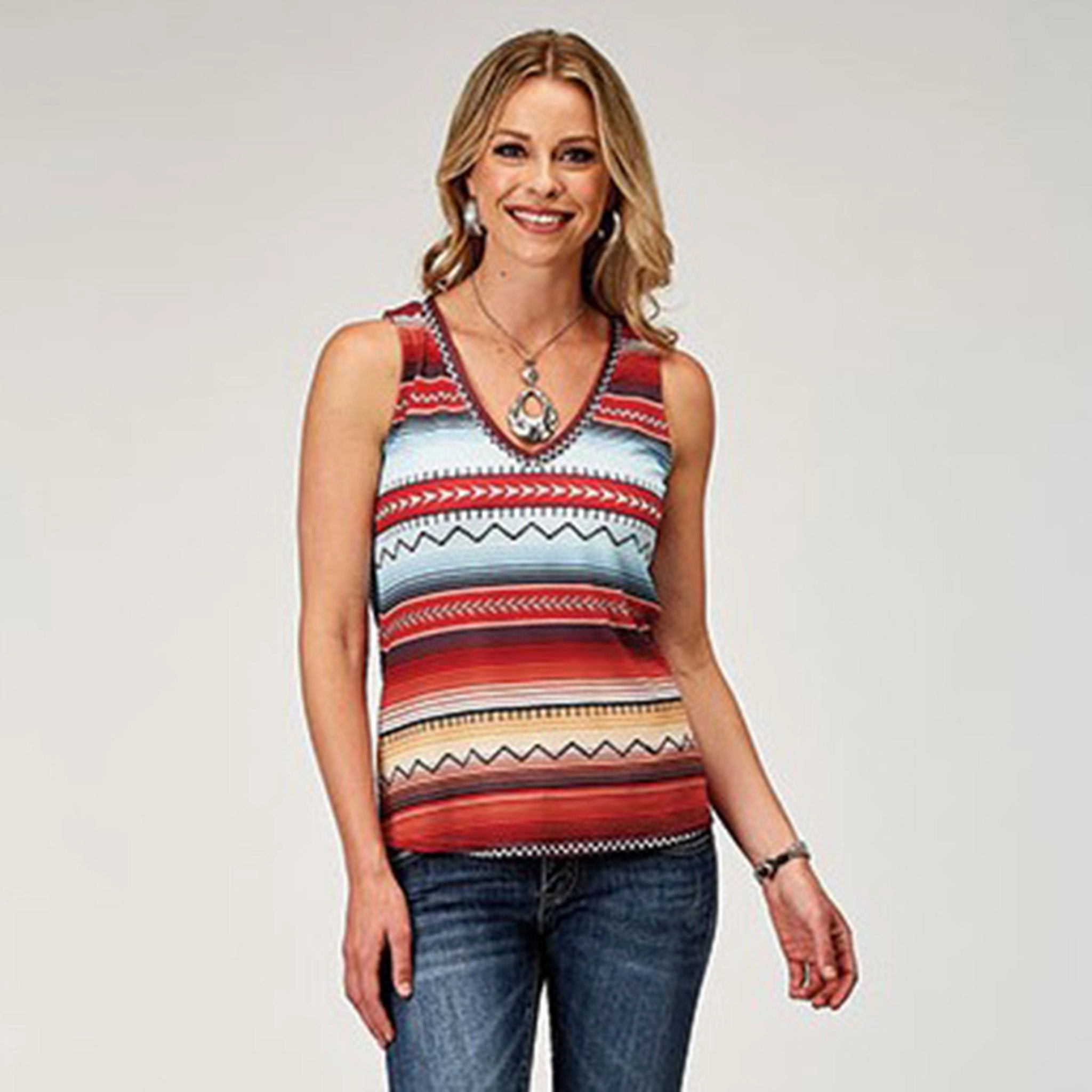 Minimalist Detailing Breathable Design Roper Women's Red Multi?CStripe Aztec Tank