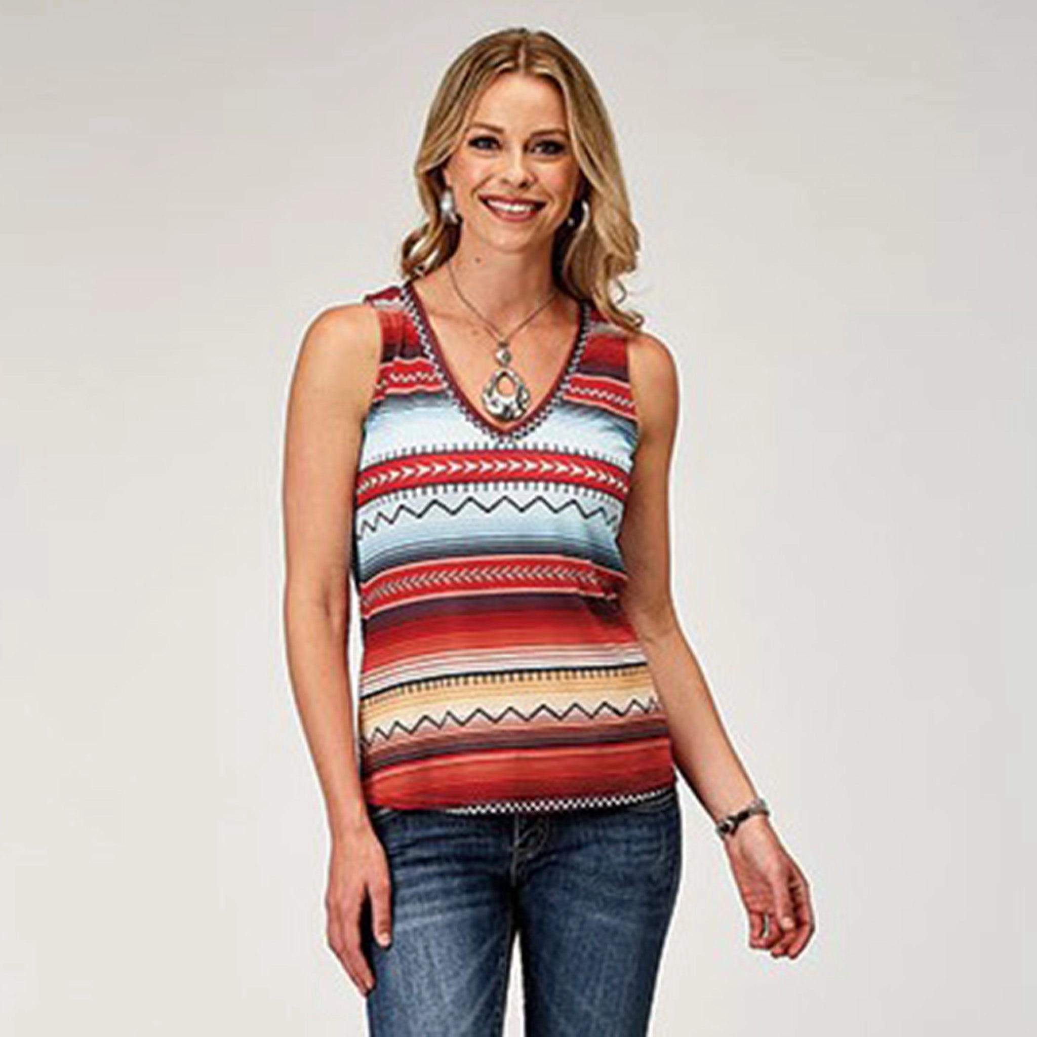 Roper Women's Red Multi?CStripe Aztec Tank CroppedLength Double Stitched Hem