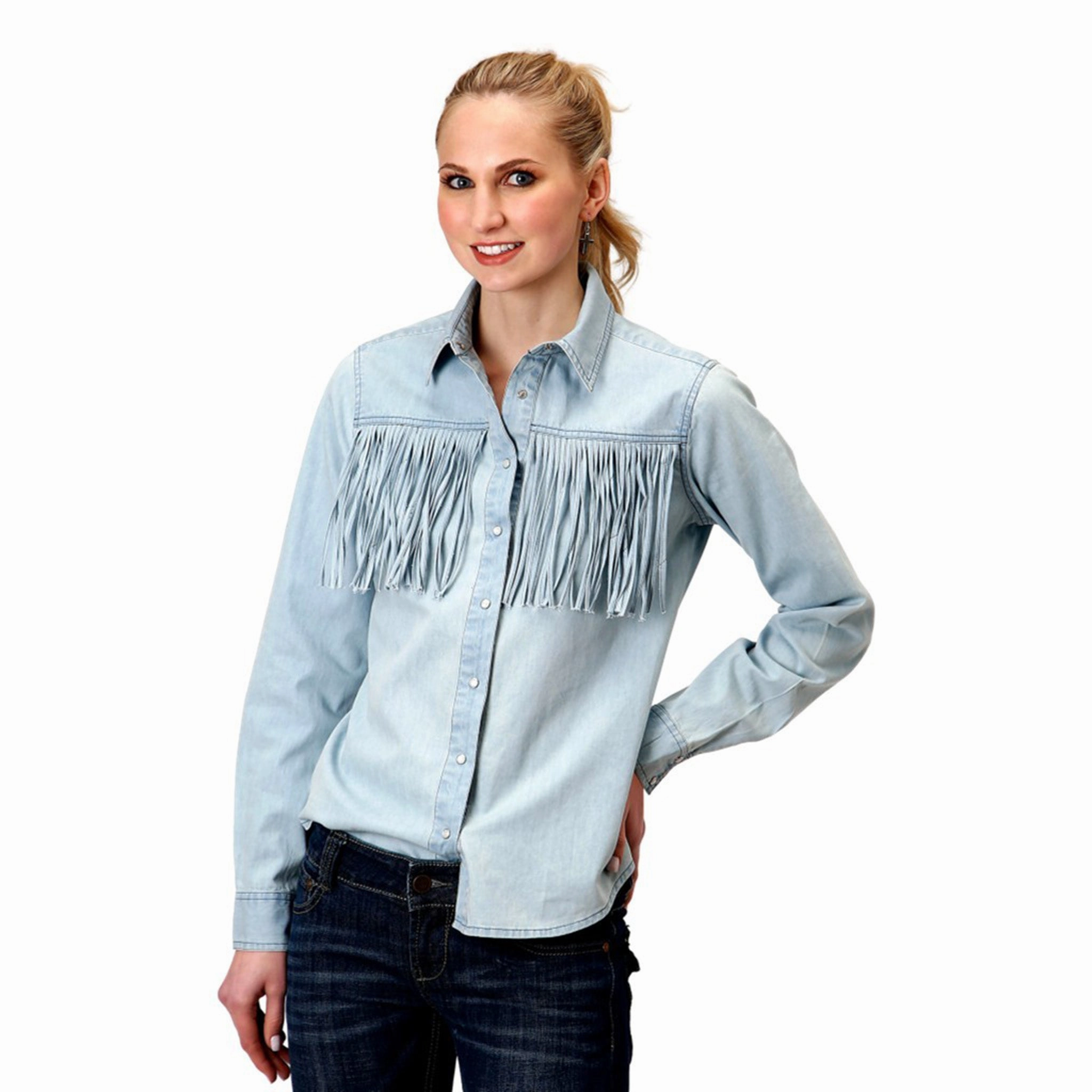 Roper Women's Self Fringe Western Denim Shirt HighNeckCut Double Needle Stitching