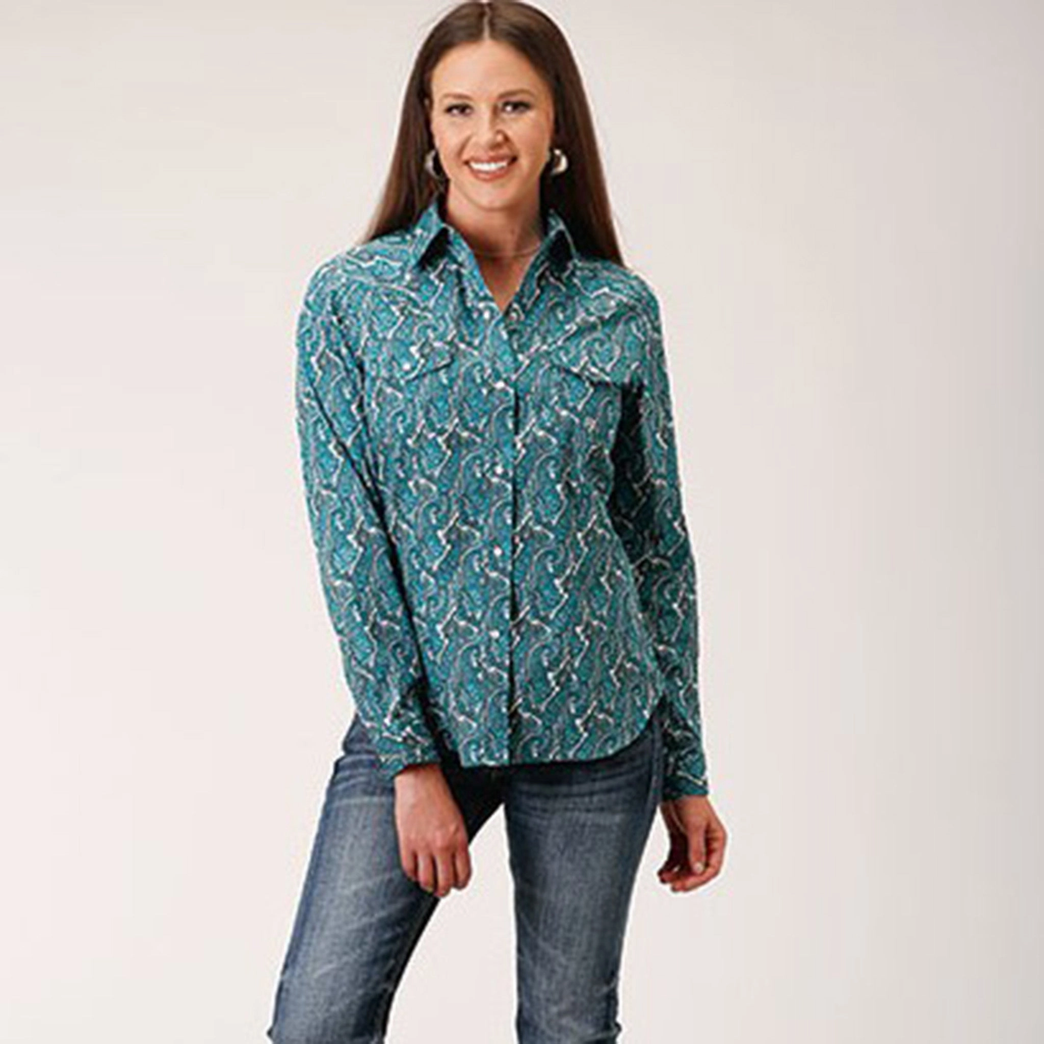 Roper Women's Turquoise Paisley Shirt Casual Button-Down Non Irritating Seams