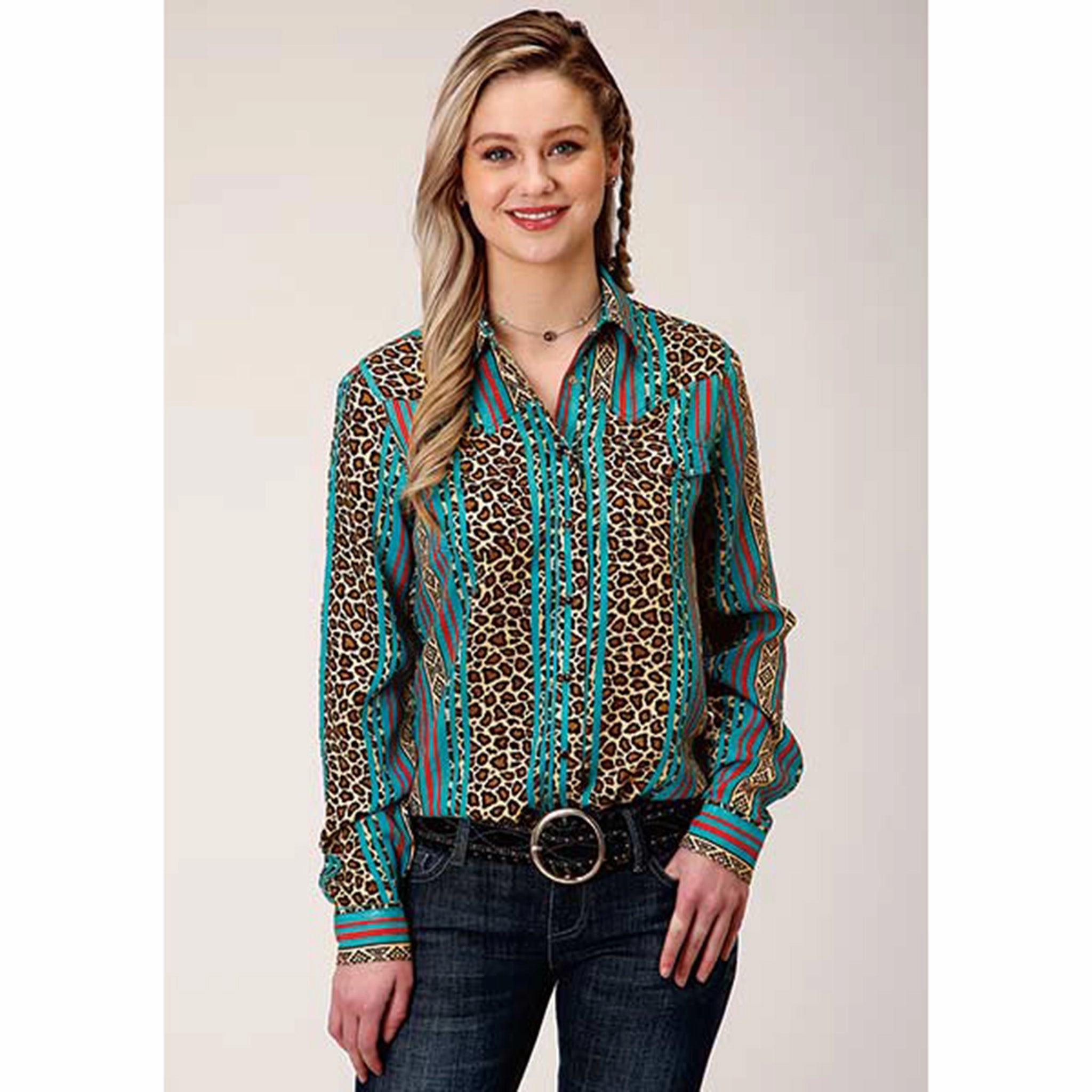Roper Women's Turquoise Serape Striped Long Sleeve QuickRelease Fastener