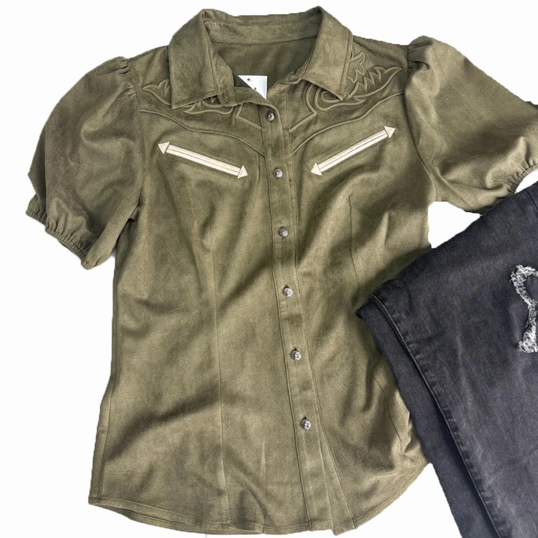 Hybrid Fabric Blend Rowdy Crowd Olive Calaboose Short Sleeve Blouse