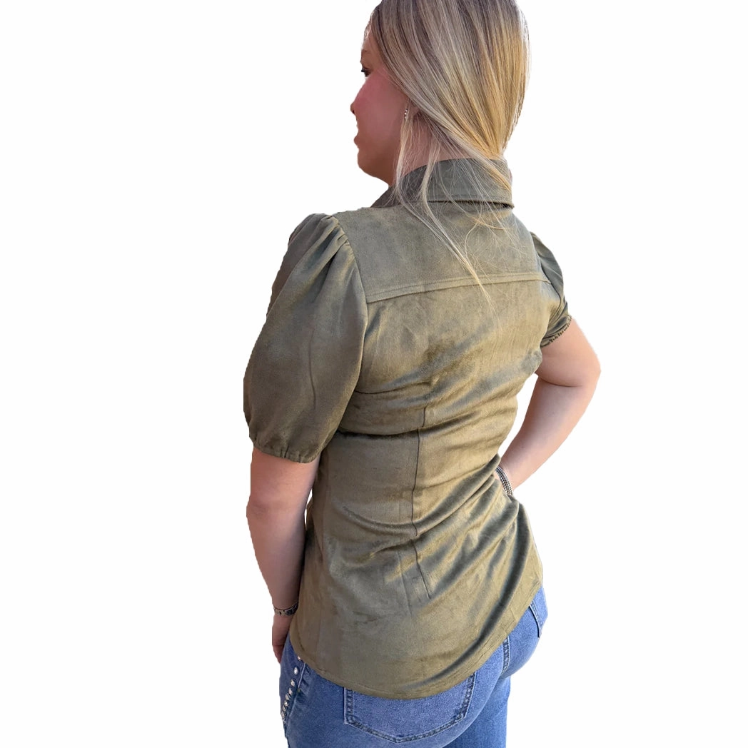 Hypoallergenic Textile UPFProtection Rowdy Crowd Olive Calaboose Short Sleeve Blouse