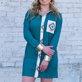 Rowdy Crowd Women's Teal/Aztec Duster Dress Chic and Elegant