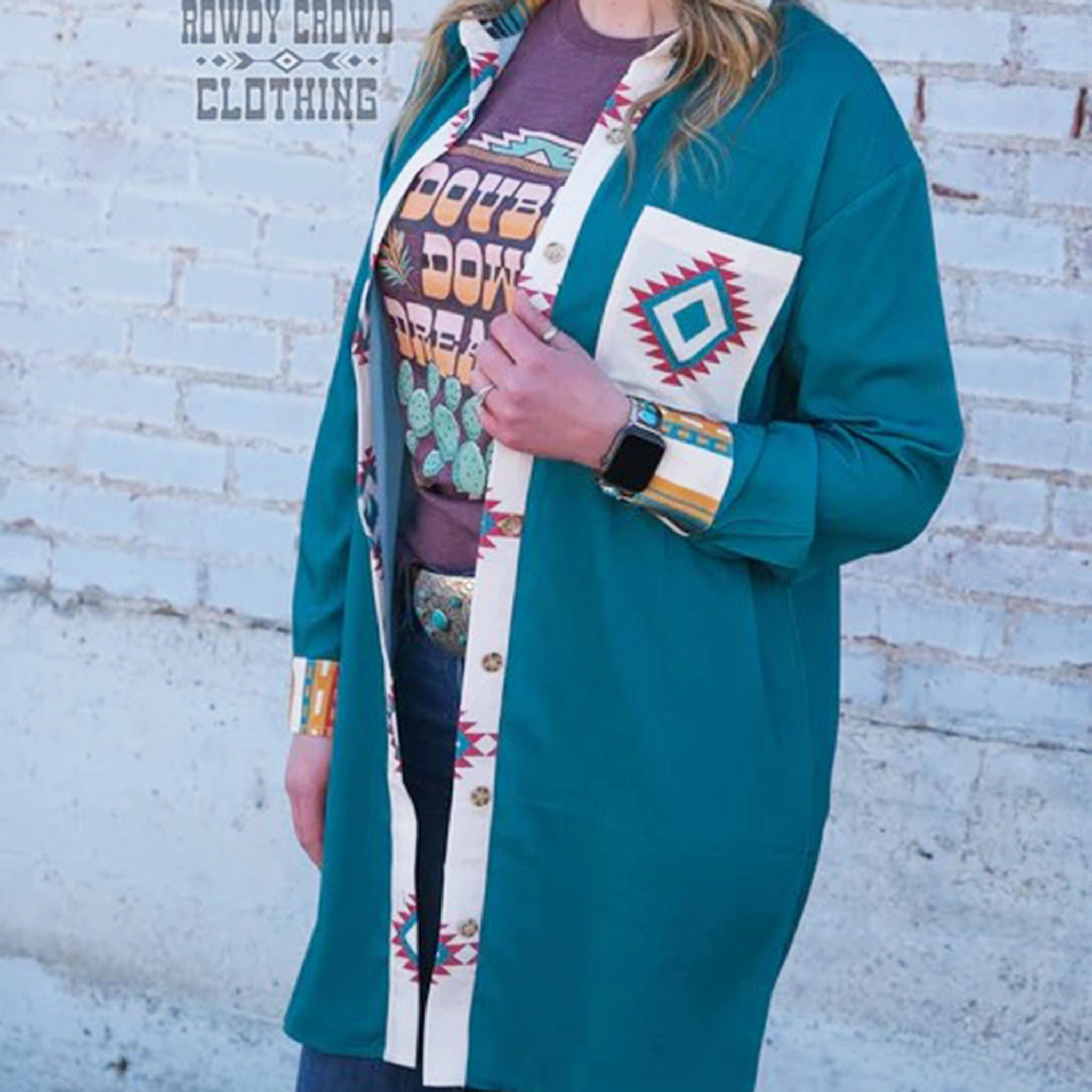 Rowdy Crowd Women's Teal/Aztec Duster Dress Casual Style Wear