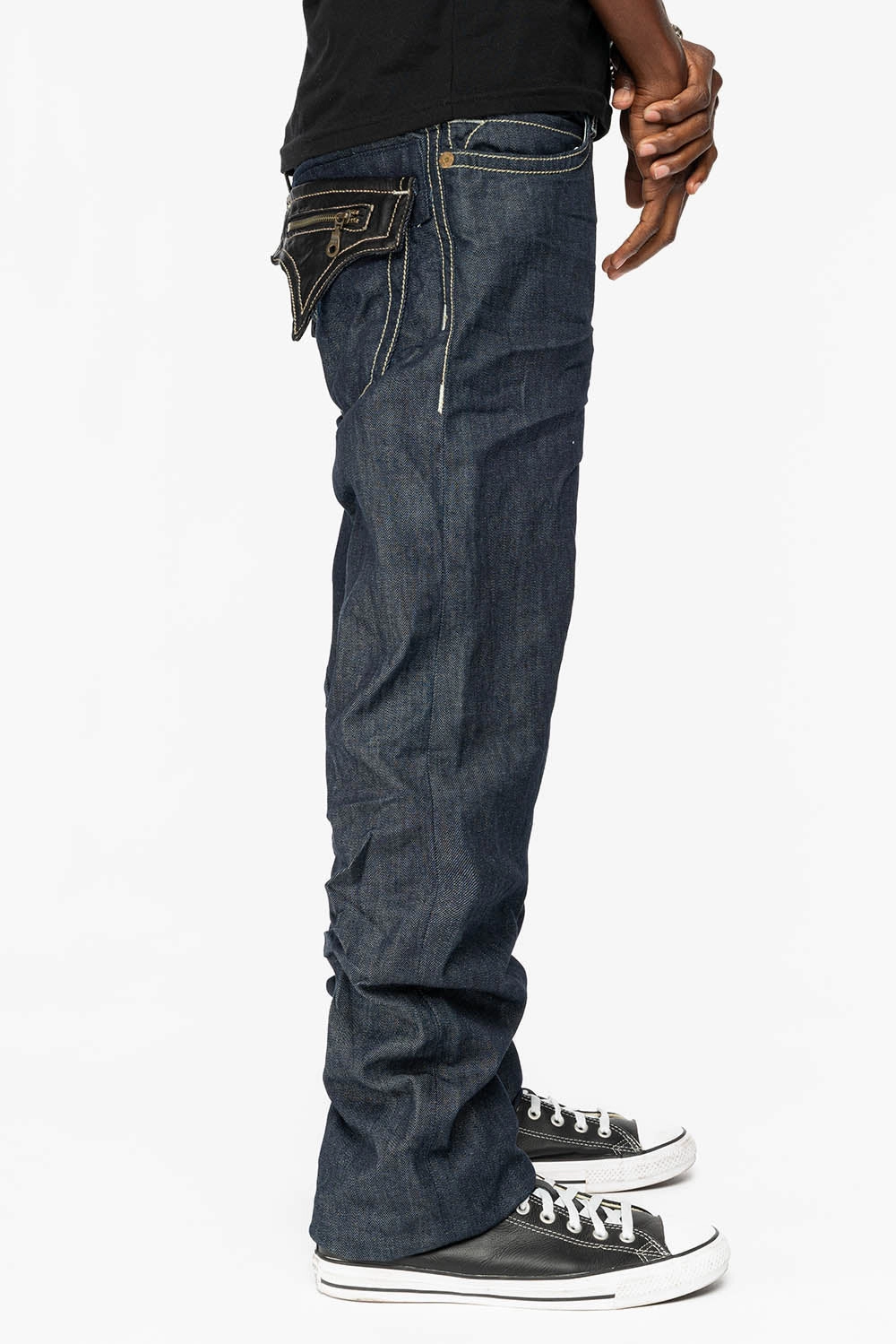CLINT W/BLACK LEATHER ZIPPER  FLAPS IN RINSE WASH Vintage Inspired Weave