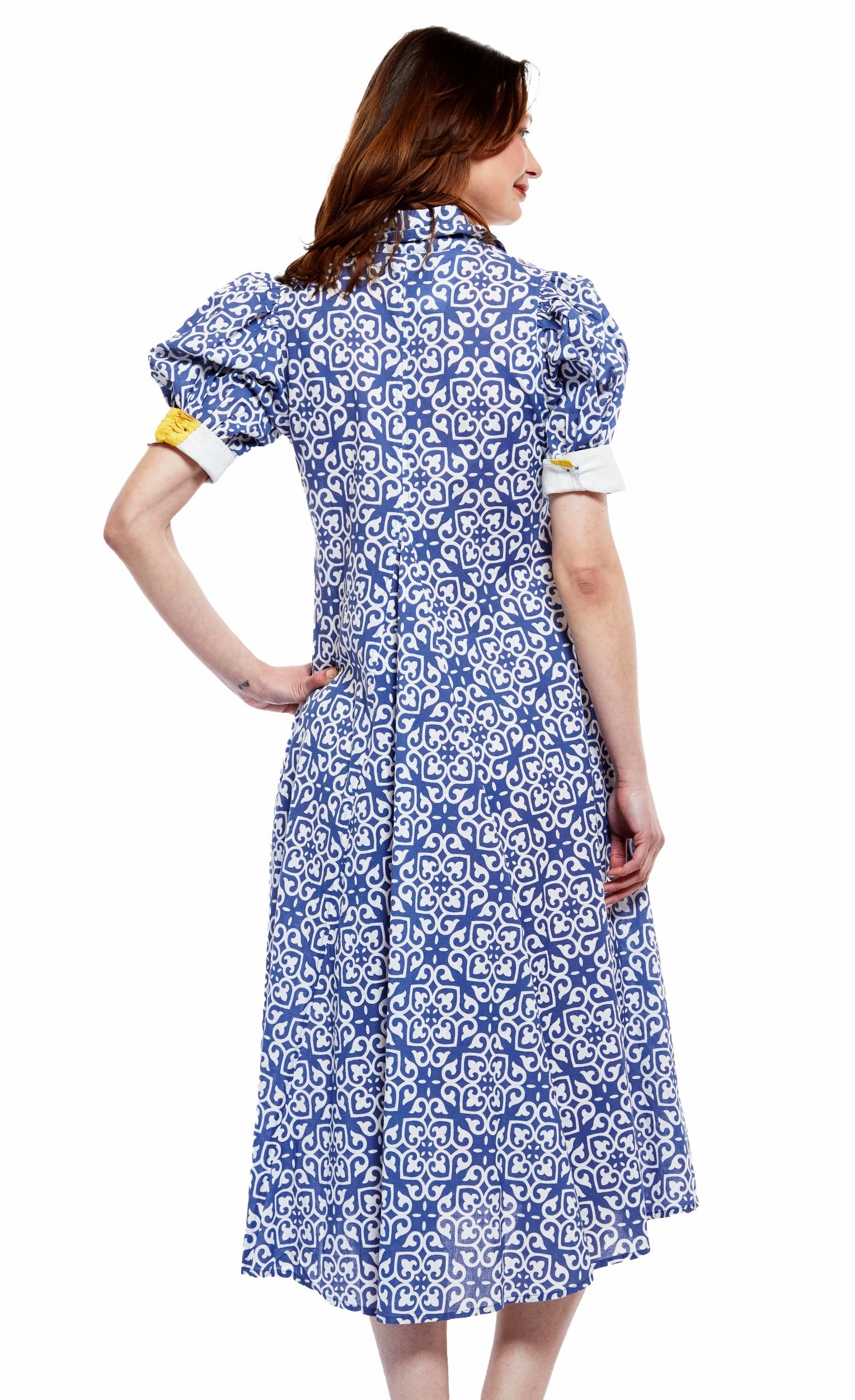 Montauk Dress - Blue With White Geometric Pattern Soft cotton blend dress Premium Material
