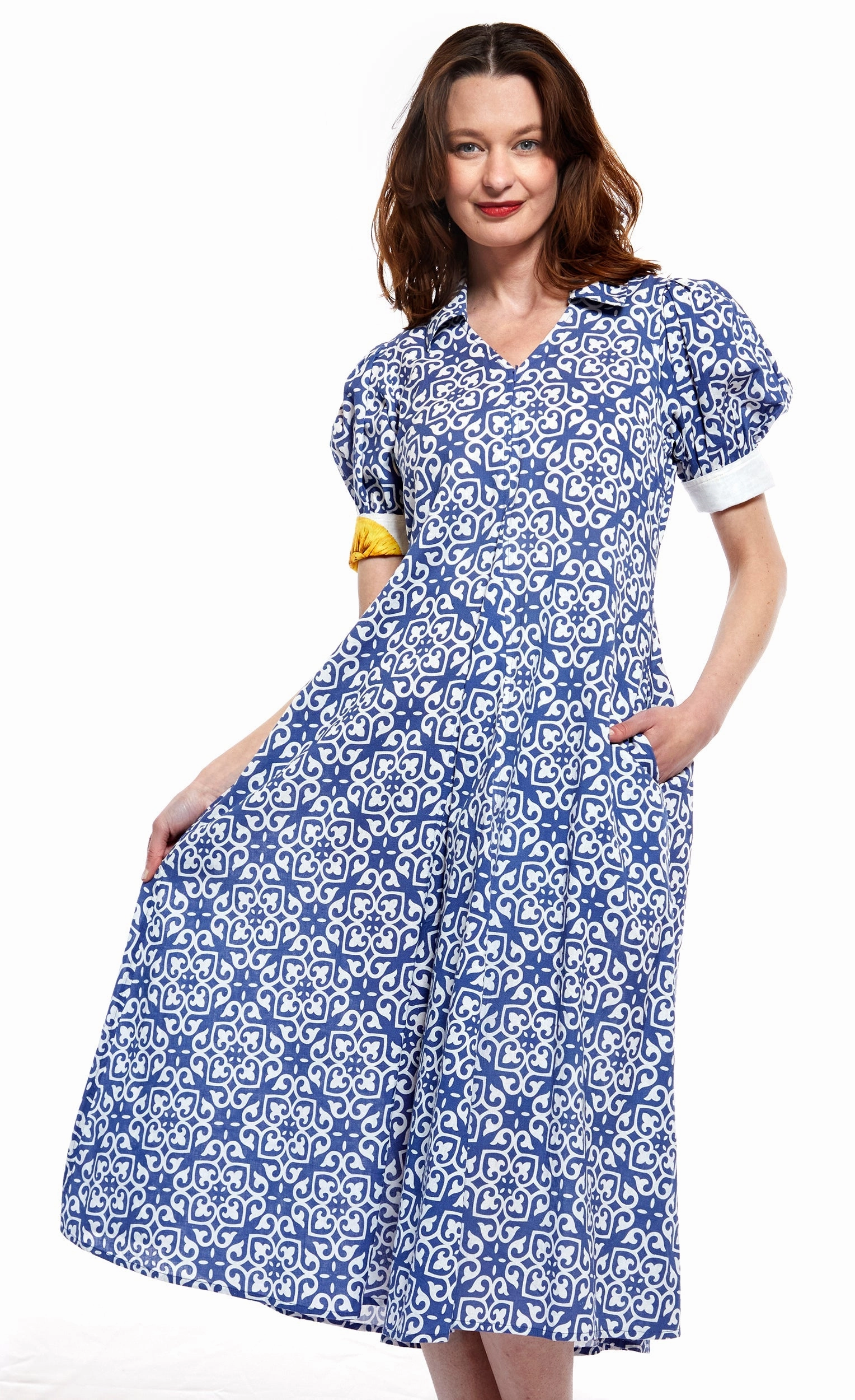 Montauk Dress - Blue With White Geometric Pattern Romantic-Style