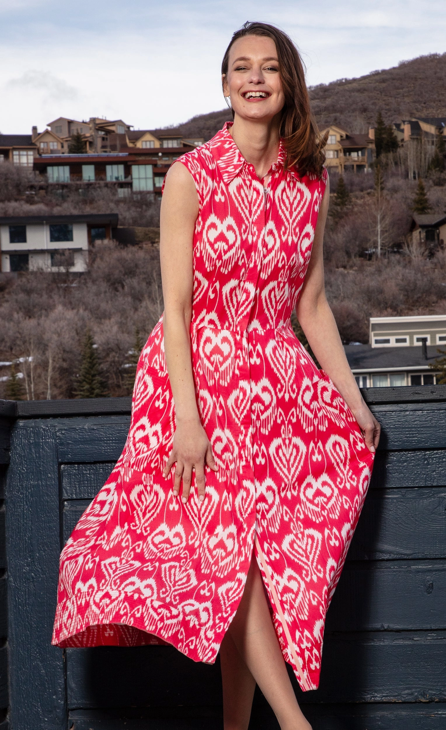 Sea Island Dress - Pink White Ikat Autumn Ready