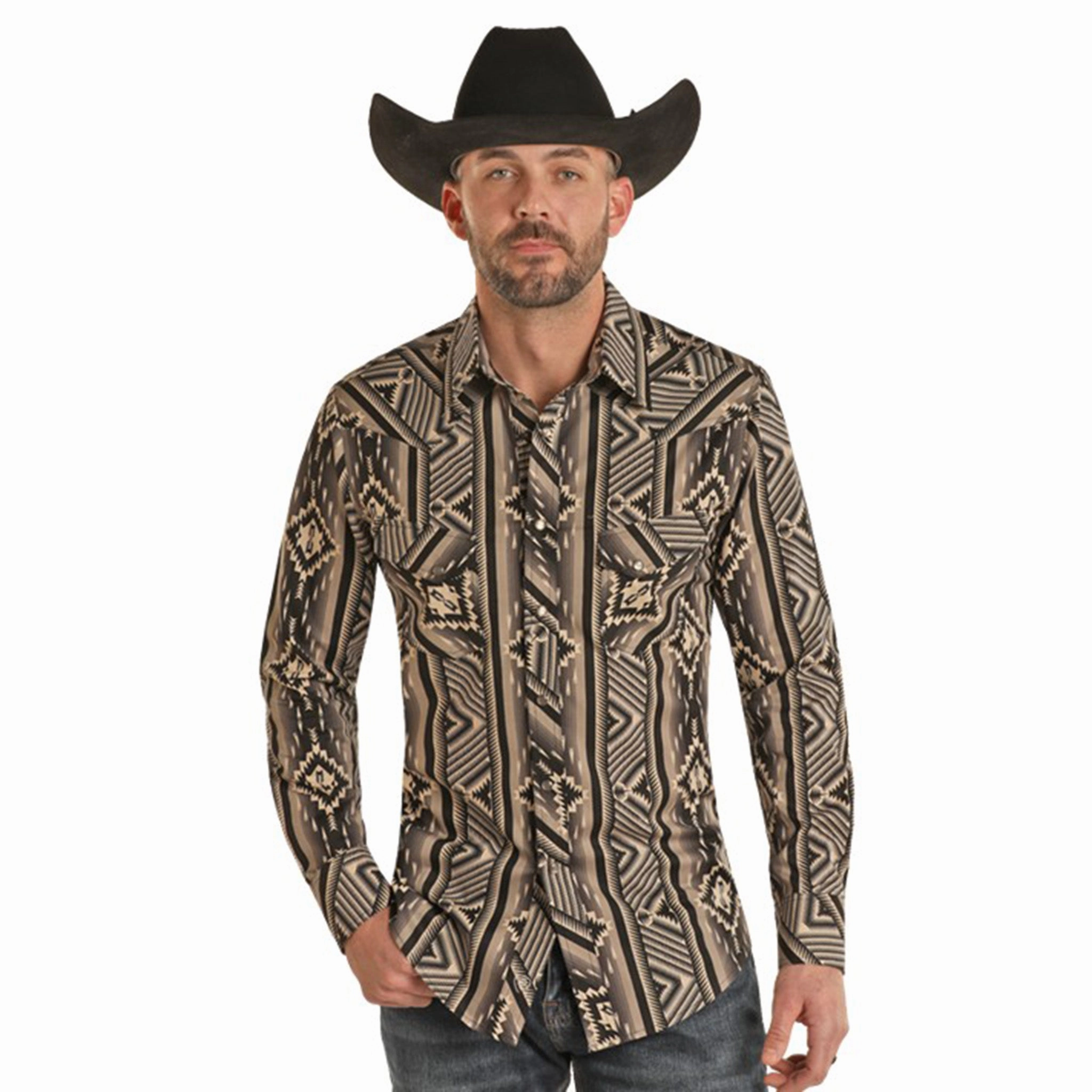 Adjustable Hem Rock & Roll Men's Black/Cream Aztec Shirt
