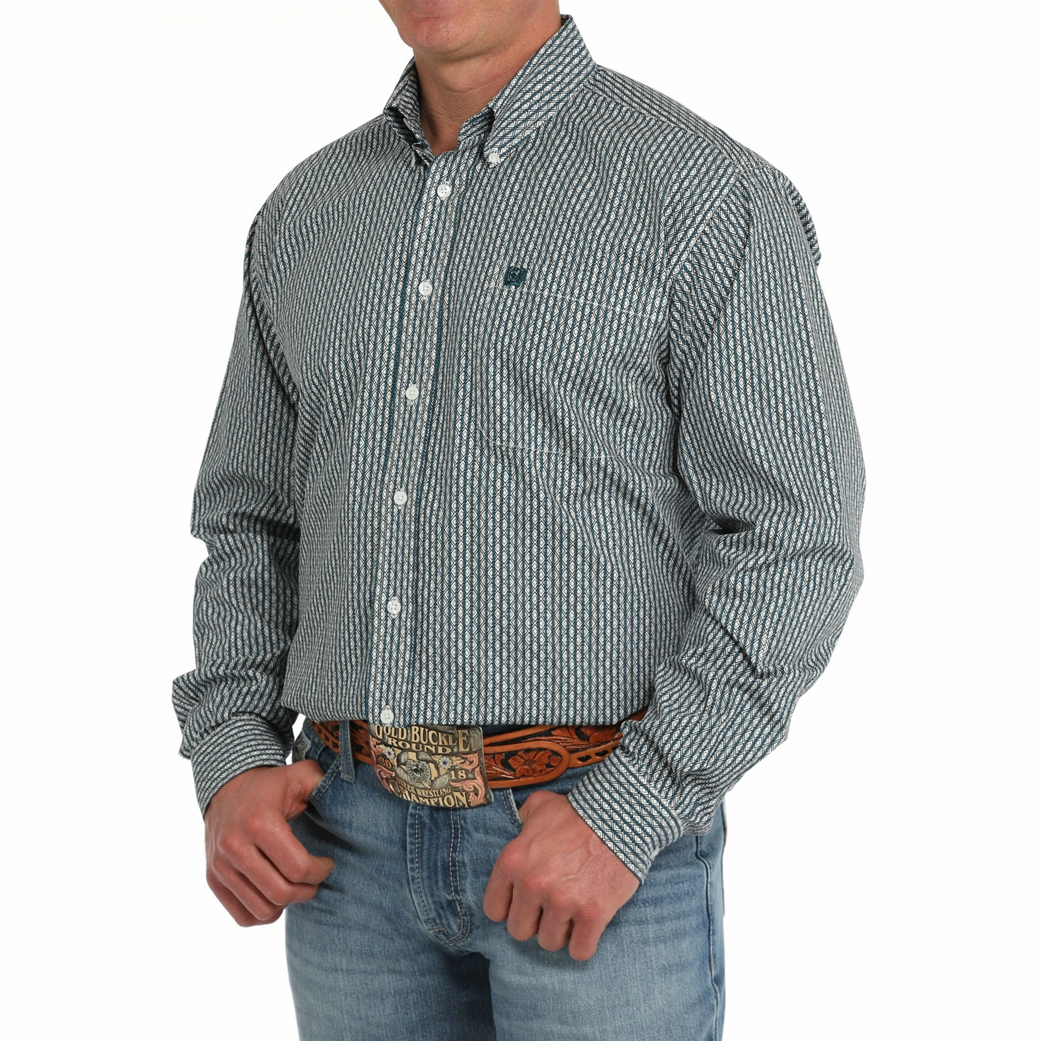 Trendy Comfort Cinch Men's Geo Stripe Green & White Long Sleeve Shirt