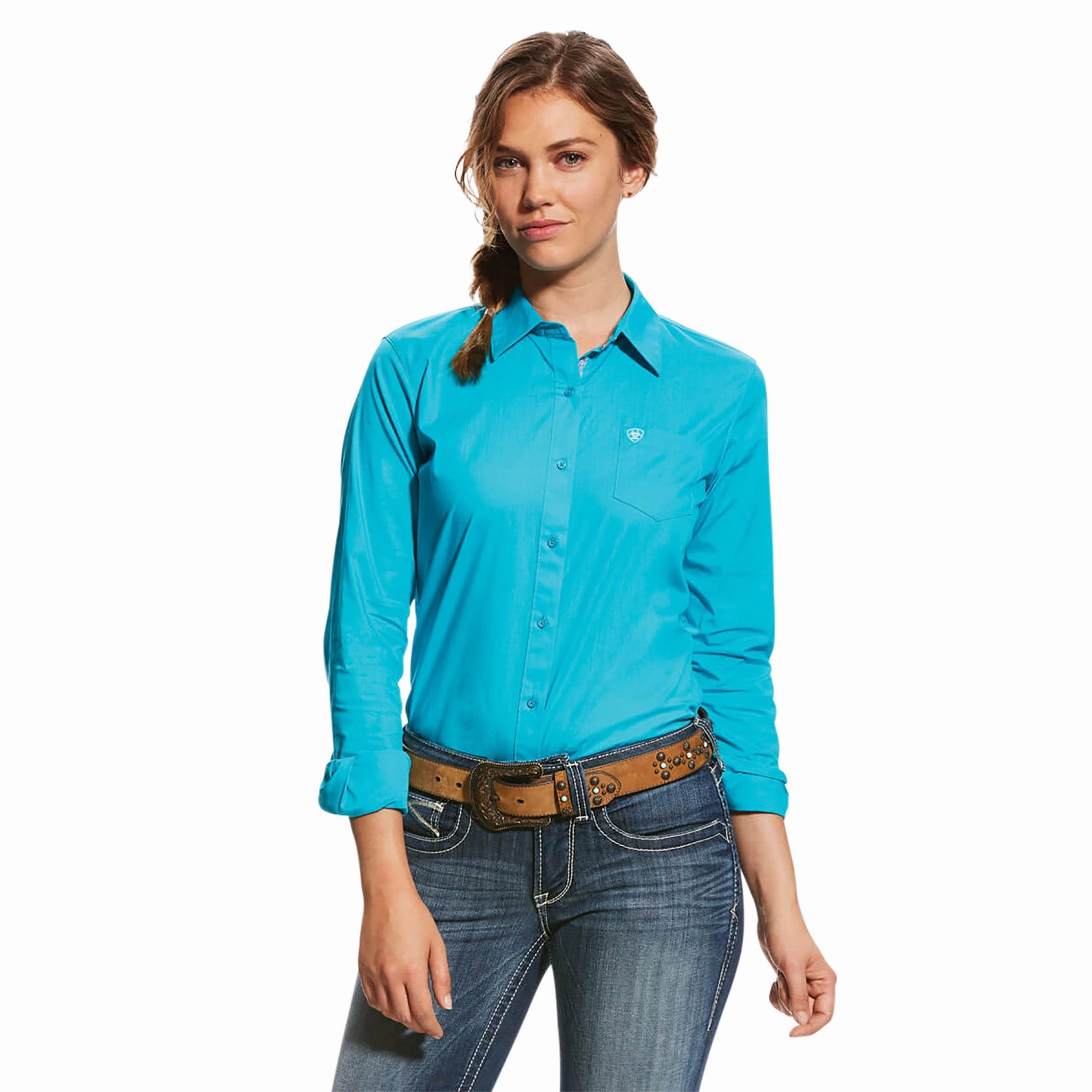 Stretch Waistband Design Ariat Women's Blue Bird Kirby Stretch Long Sleeve Shirt