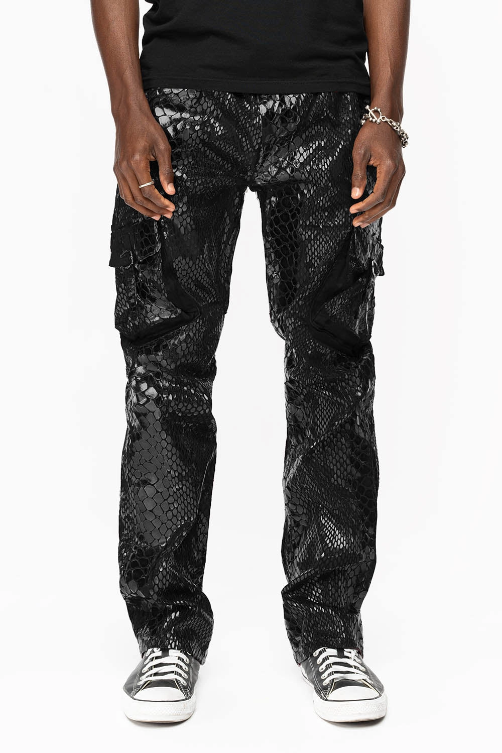 ROBINS NEW MILITARY STYLE CARGO PANTS IN LIZARD BLACK WITH EMBROIDERY Light Layers Soft Fabric