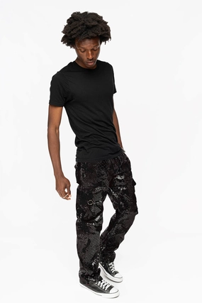 ROBINS NEW MILITARY STYLE CARGO PANTS IN LIZARD BLACK WITH EMBROIDERY Stone Wash Finish