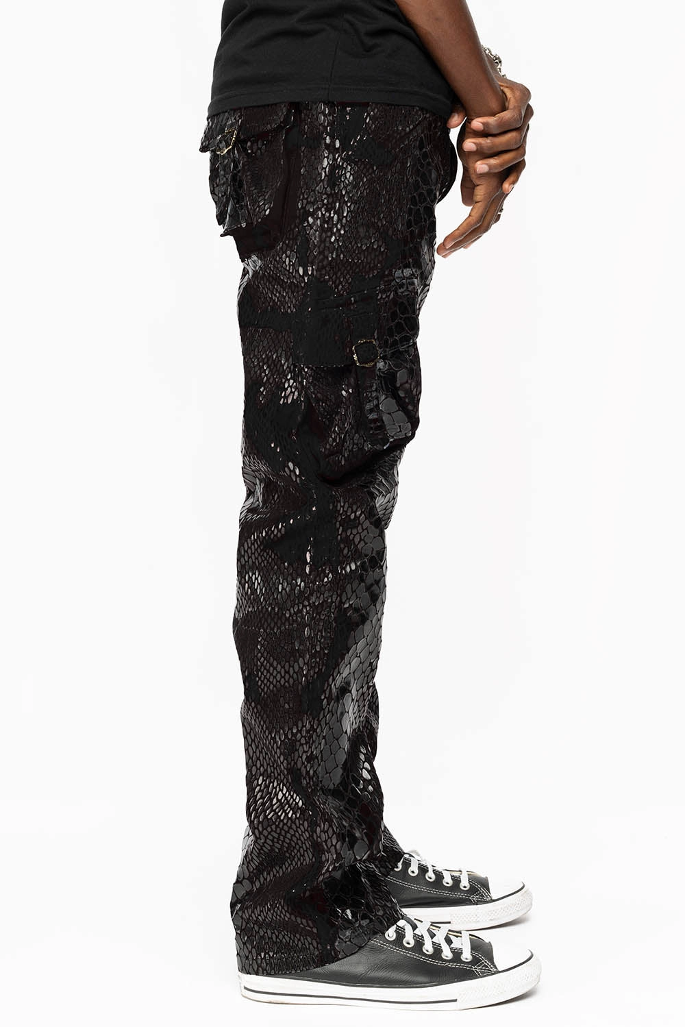 ROBINS NEW MILITARY STYLE CARGO PANTS IN LIZARD BLACK WITH EMBROIDERY Everyday Loose Music Event Earthy Modern Minimalist Office Wear