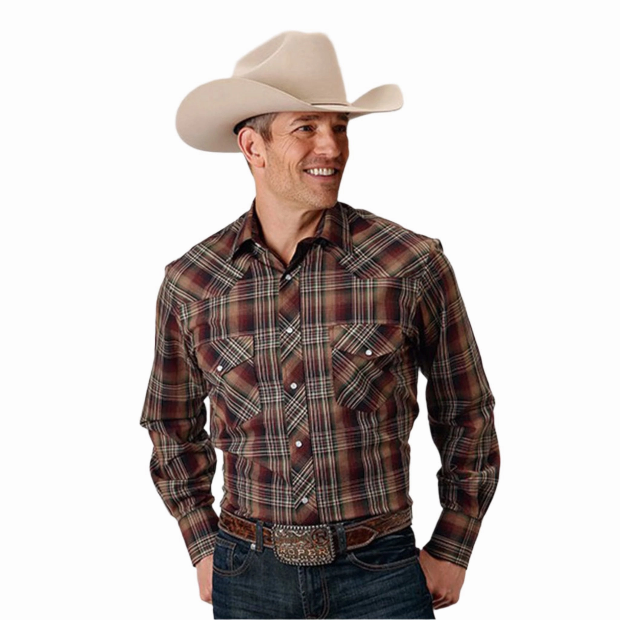 Roper Men's Multi Brown Plaid Long Sleeve Handcrafted Detail