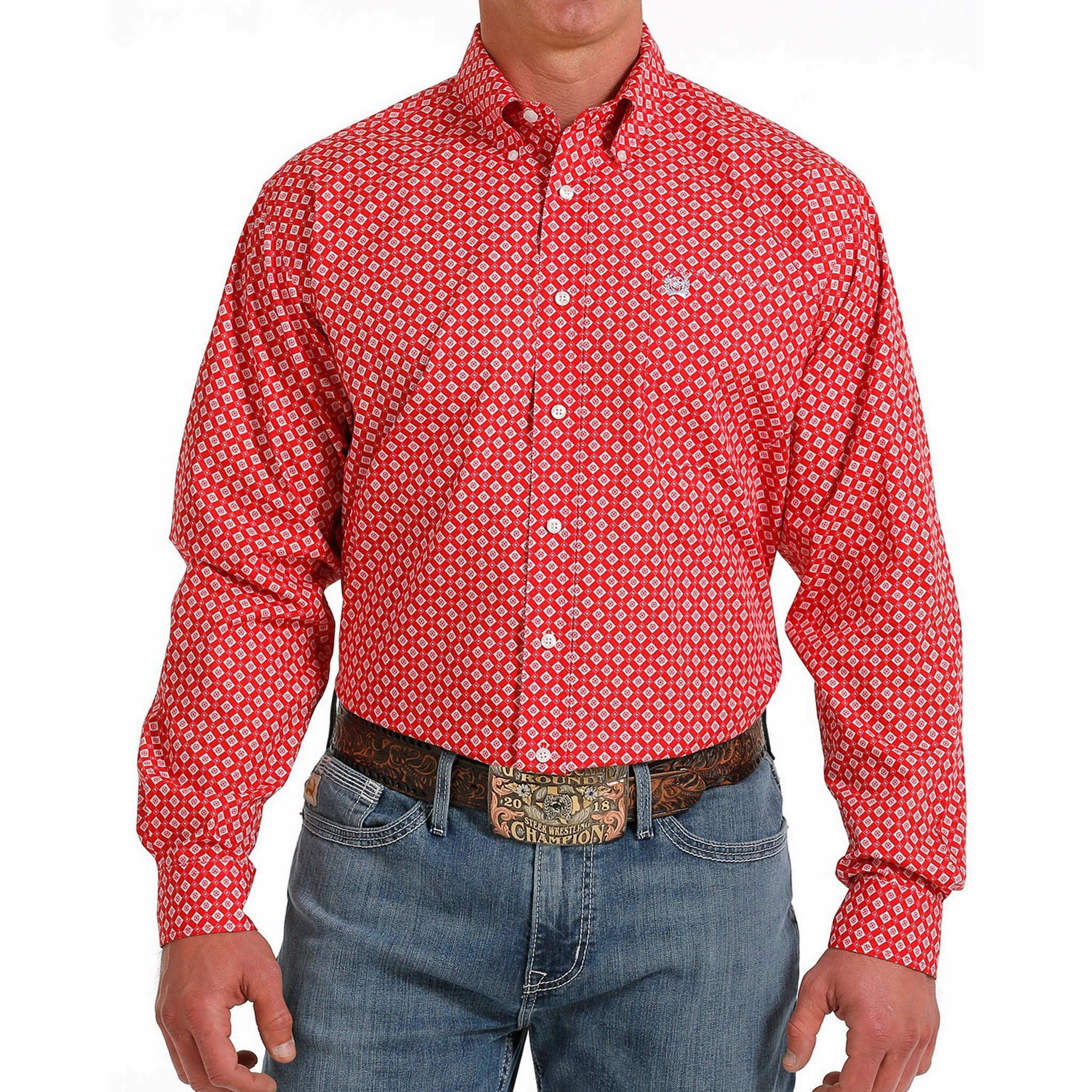 Cinch Men's Red Geometric Print Long Sleeve Exclusive Collection