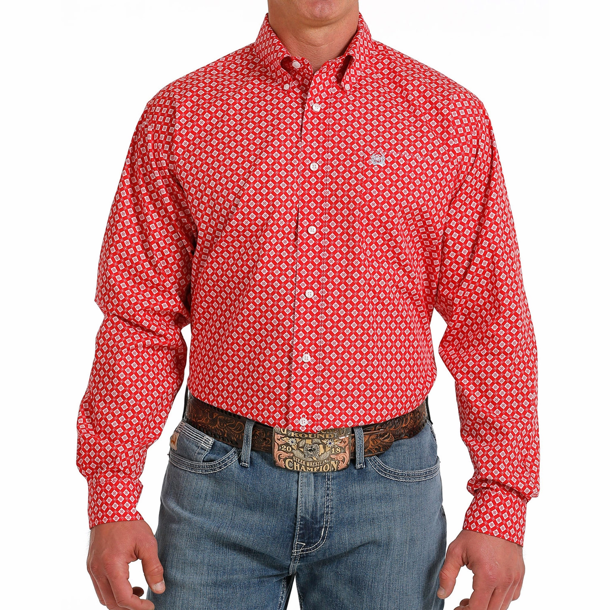 Cinch Men's Red Geometric Print Long Sleeve Premium Comfort